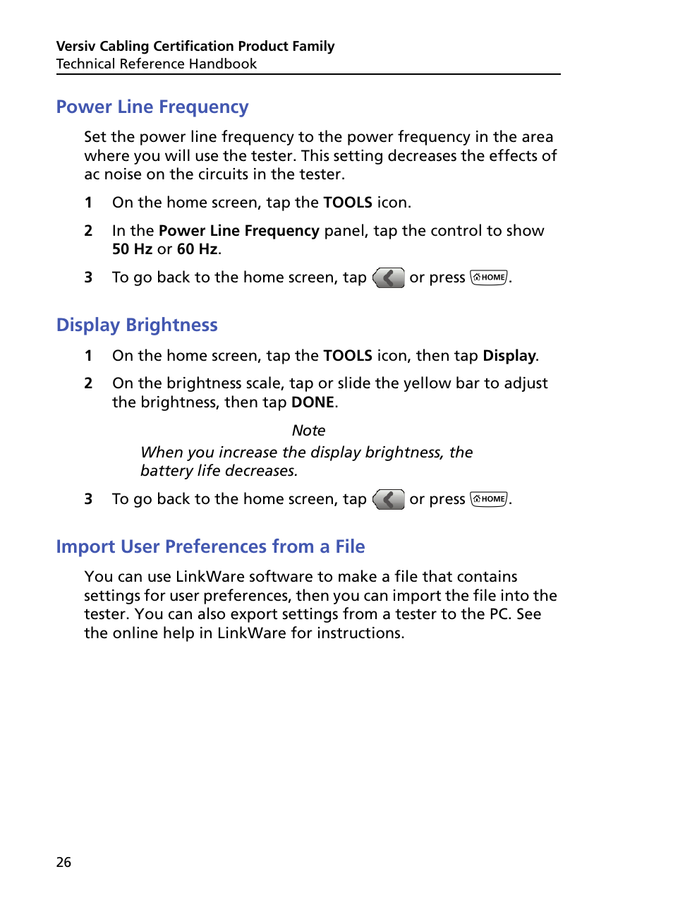 Power line frequency, Display brightness, Import user preferences from a file | Fluke Networks CertiFiber Pro Users Manual User Manual | Page 48 / 440