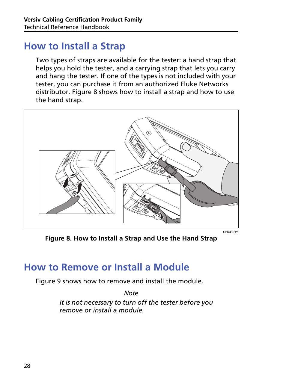 How to install a strap, How to remove or install a module, How to install a strap and use the hand strap | Fluke Networks CertiFiber Pro Users Manual User Manual | Page 50 / 440