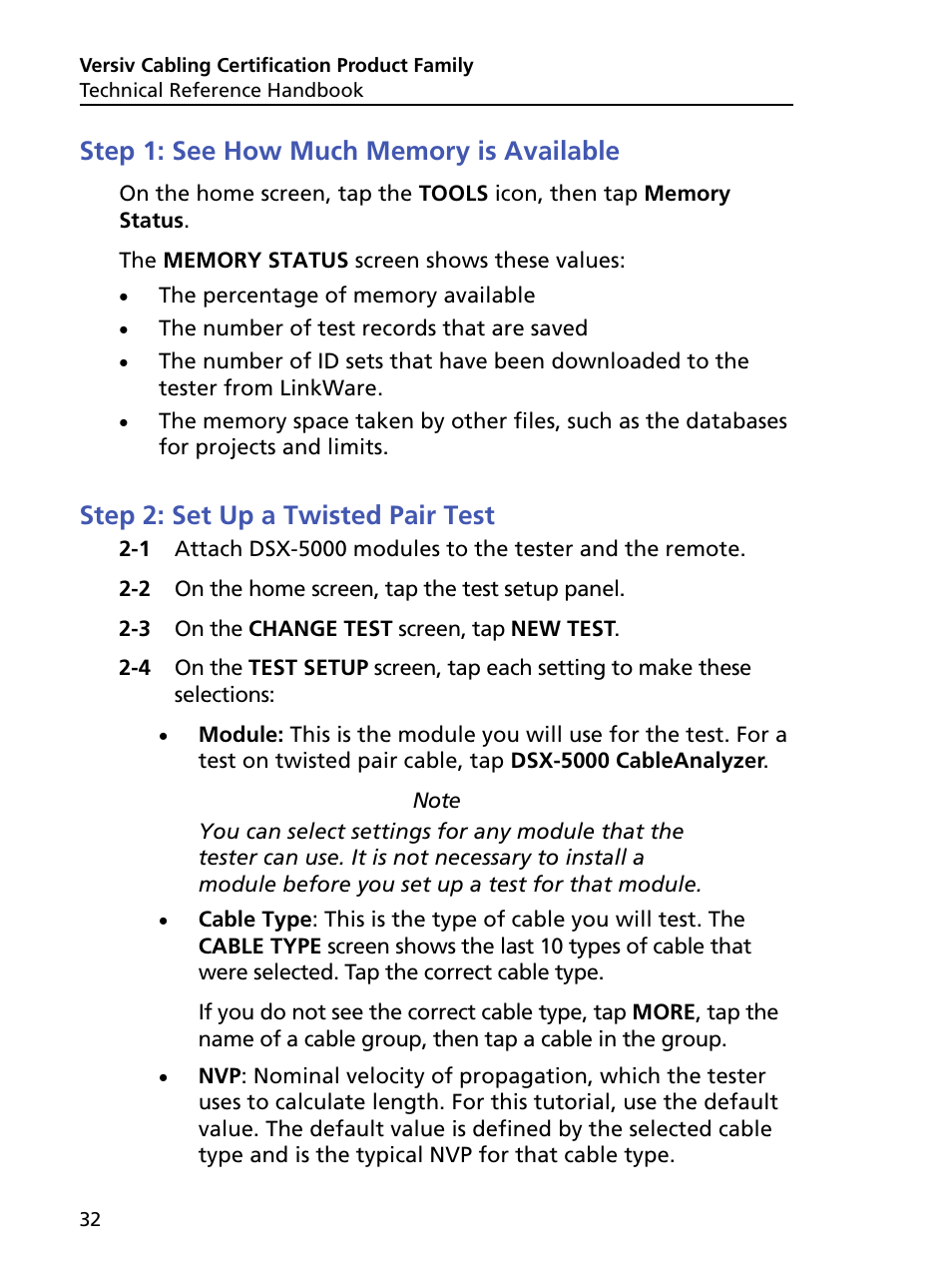 Step 1: see how much memory is available, Step 2: set up a twisted pair test | Fluke Networks CertiFiber Pro Users Manual User Manual | Page 54 / 440