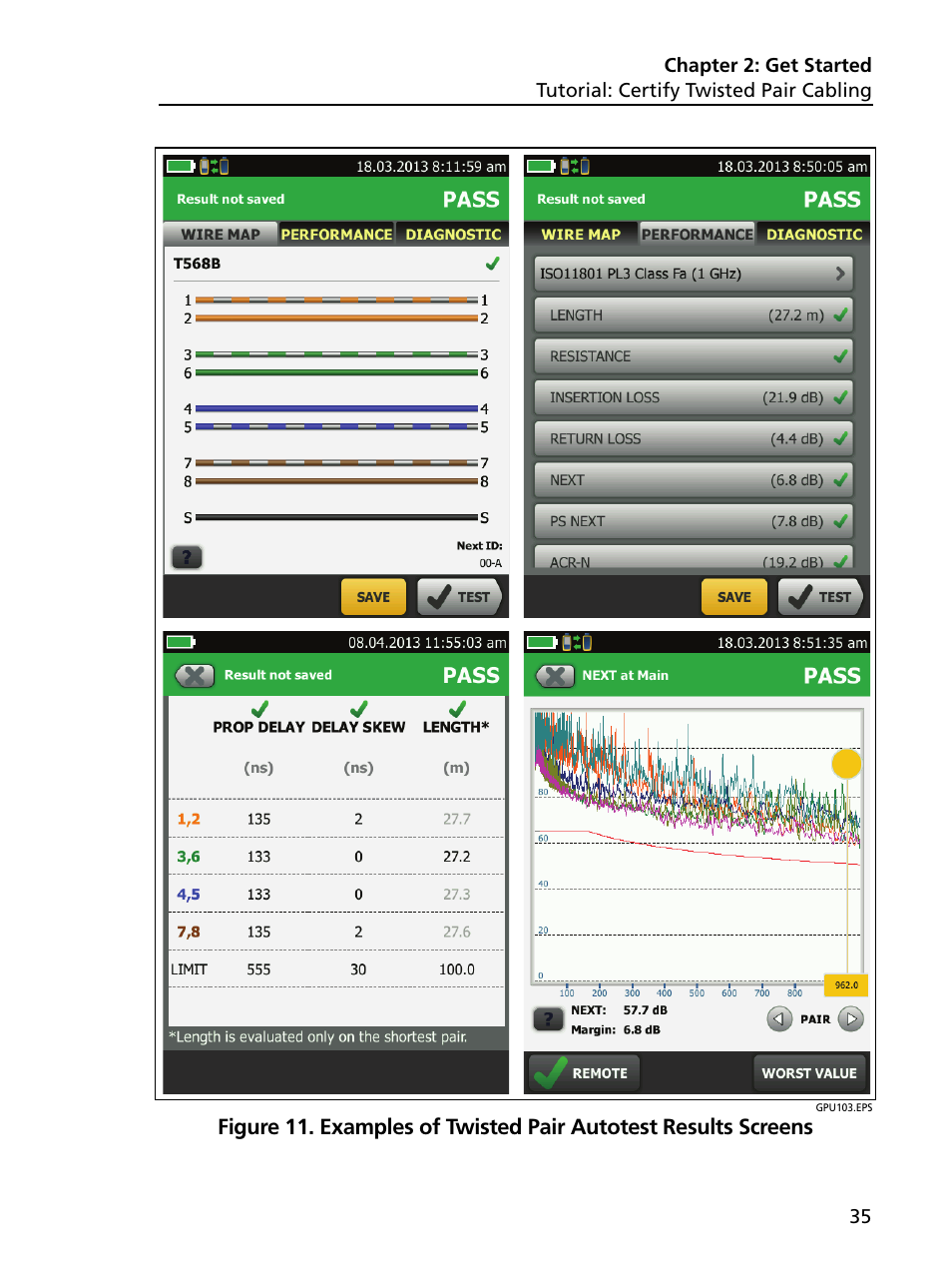 Examples of twisted pair autotest results screens | Fluke Networks CertiFiber Pro Users Manual User Manual | Page 57 / 440