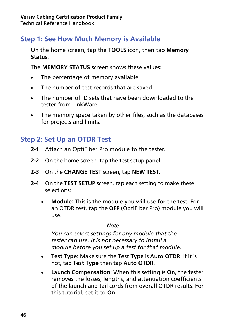 Step 1: see how much memory is available, Step 2: set up an otdr test | Fluke Networks CertiFiber Pro Users Manual User Manual | Page 68 / 440