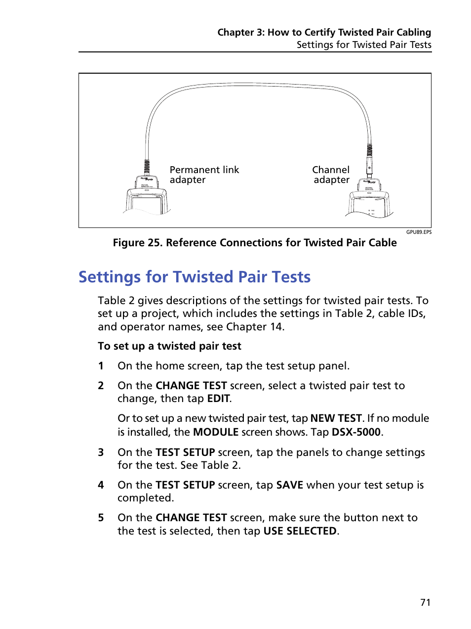 Settings for twisted pair tests, Reference connections for twisted pair cable | Fluke Networks CertiFiber Pro Users Manual User Manual | Page 93 / 440
