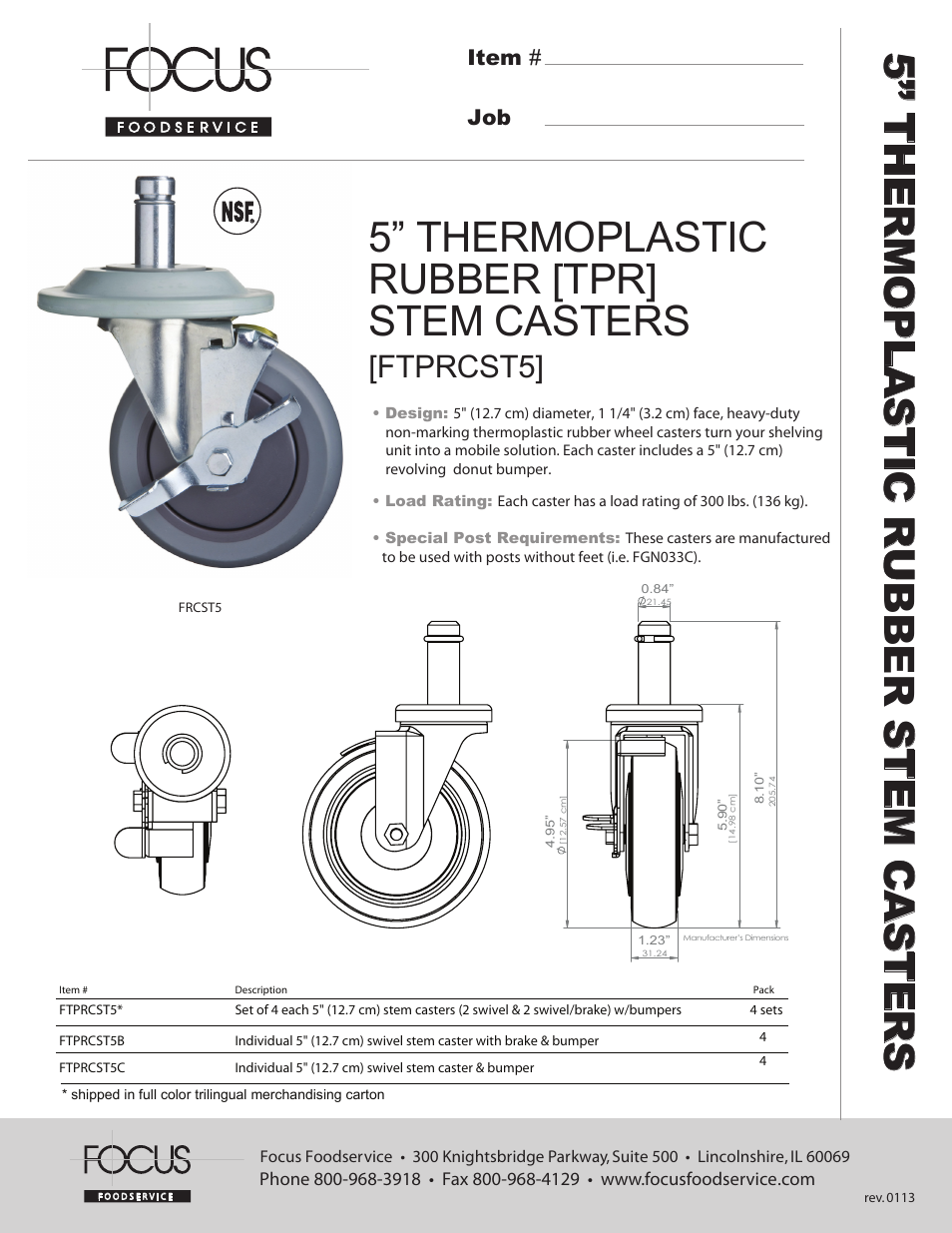 Focus Foodservice FTPRCST5 5” THERMOPLASTIC RUBBER [TPR] STEM CASTERS - Specification Sheets User Manual | 1 page