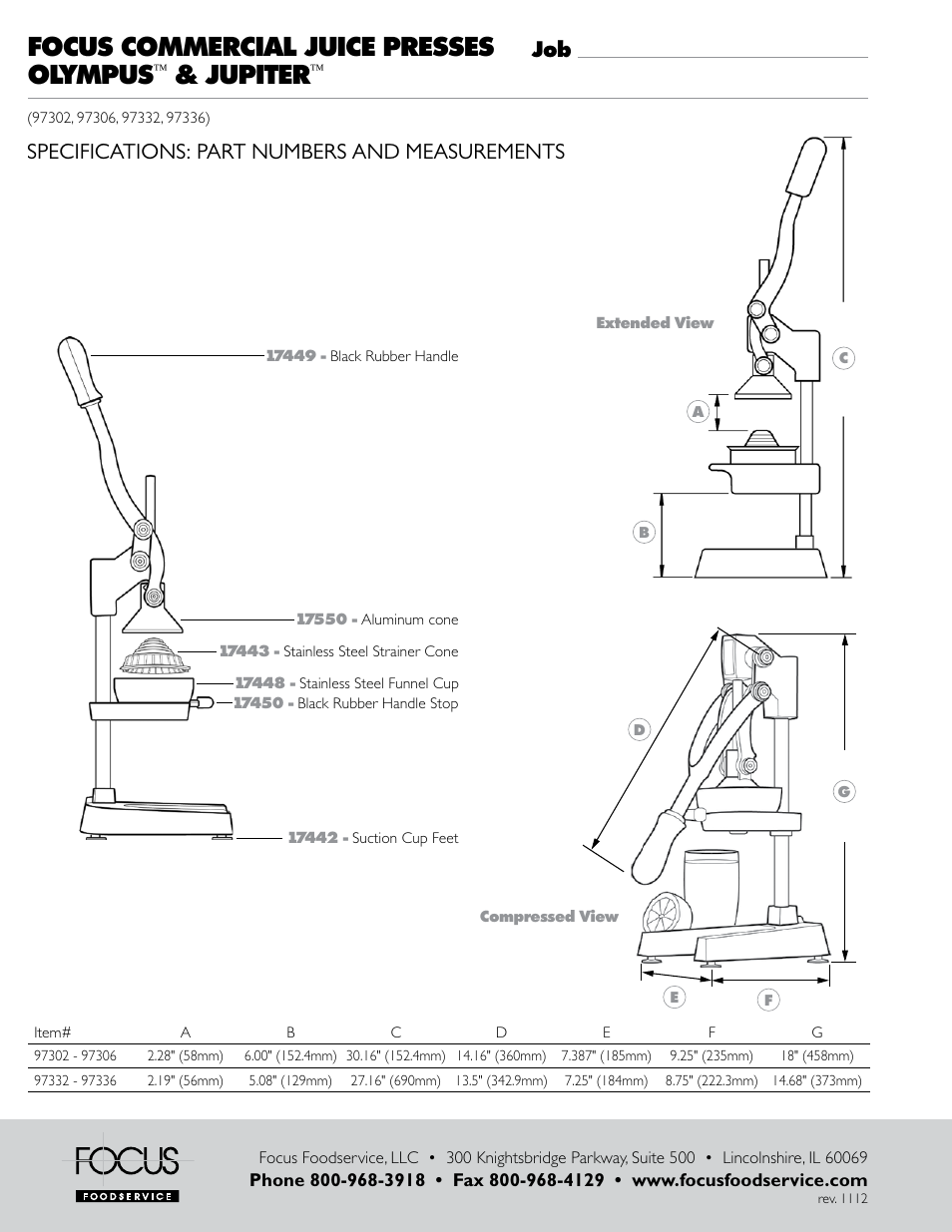 Focus commercial juice presses olympus, Jupiter, Specifications: part numbers and measurements | Focus Foodservice Jupiter - Specification Sheets User Manual | Page 2 / 2