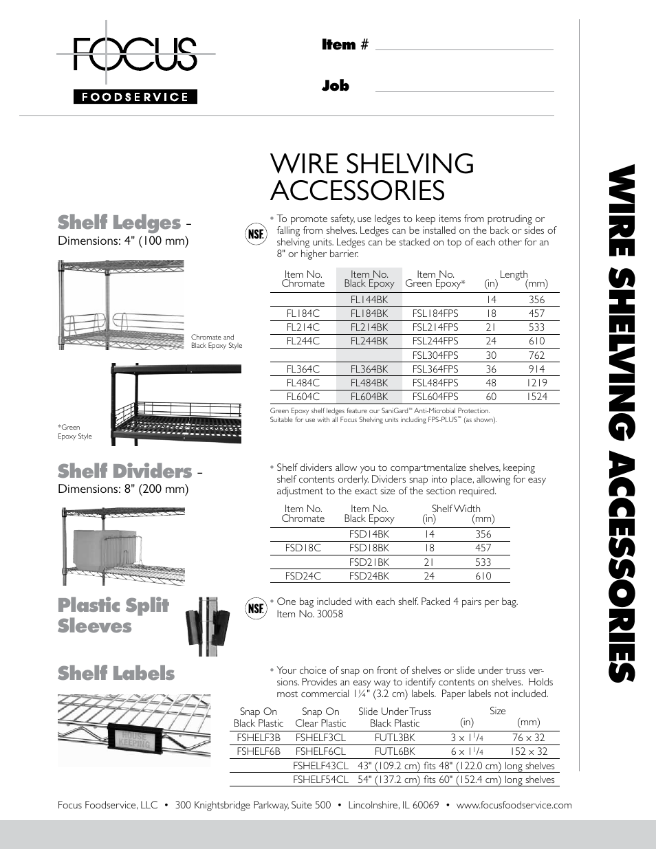 Focus Foodservice Shelving AcceSSorieS - Specification Sheets User Manual | 2 pages