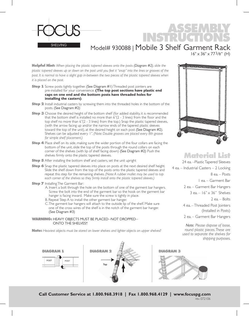 Focus Foodservice 930088 Mobile 3 Shelf Garment Rack - Assembly Instructions User Manual | 1 page