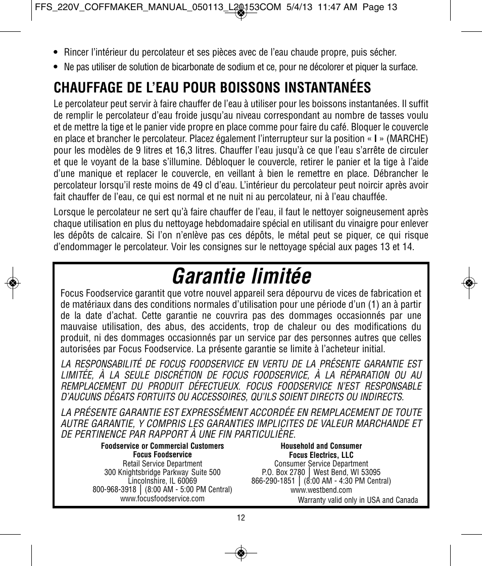 Garantie limitée, Chauffage de l’eau pour boissons instantanées | Focus Foodservice West Bend Commercial Stainless Steel Coffeemakers - [57000-220 Series] - Use & Care de User Manual | Page 13 / 36