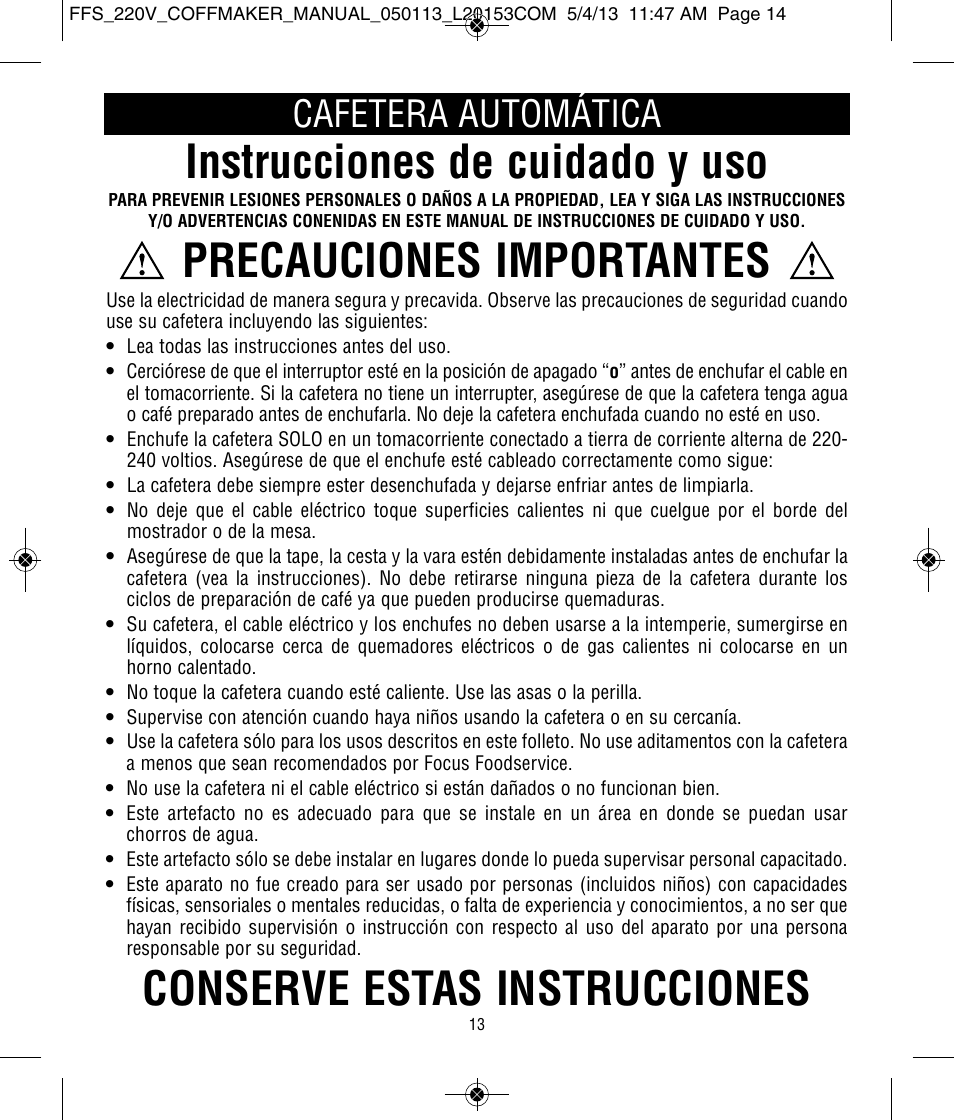 Instrucciones de cuidado y uso, Precauciones importantes, Conserve estas instrucciones | Cafetera automática | Focus Foodservice West Bend Commercial Stainless Steel Coffeemakers - [57000-220 Series] - Use & Care de User Manual | Page 14 / 36