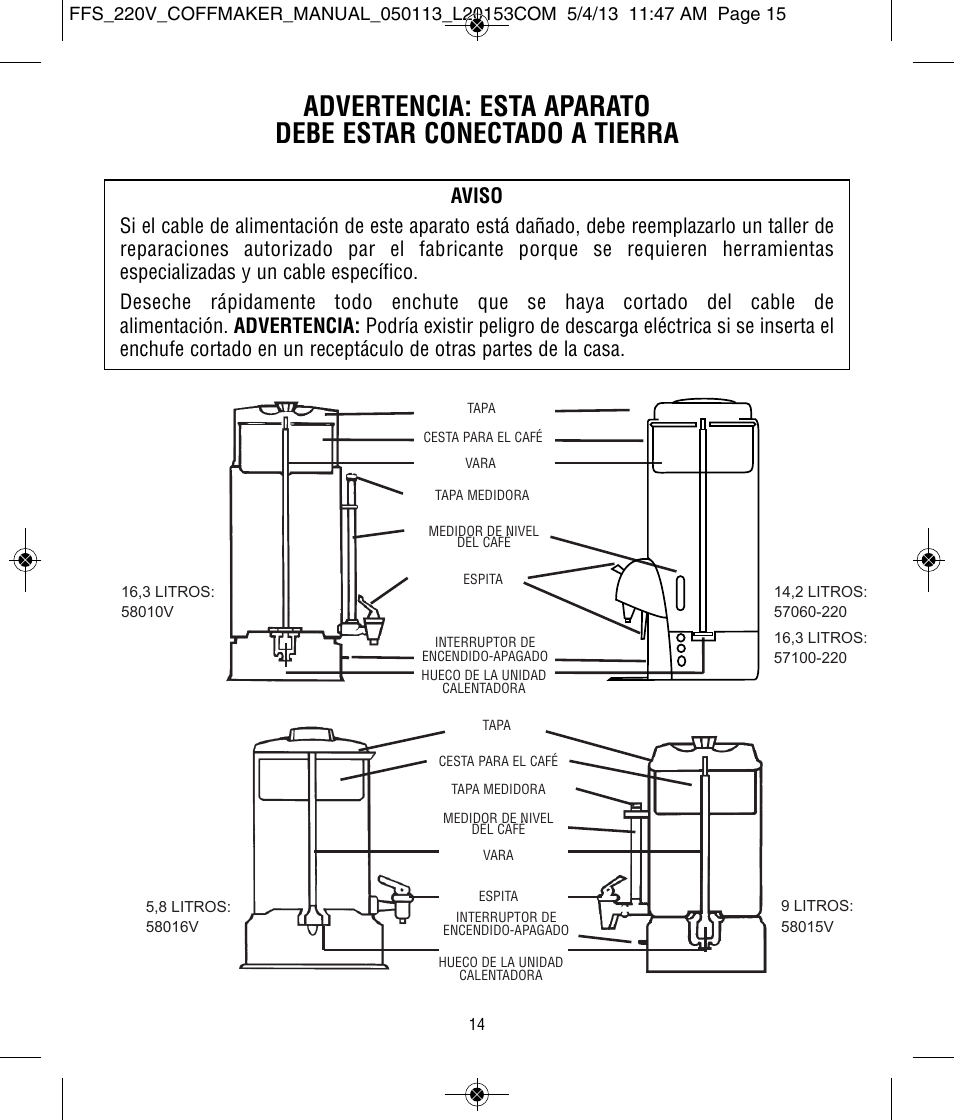 Focus Foodservice West Bend Commercial Stainless Steel Coffeemakers - [57000-220 Series] - Use & Care de User Manual | Page 15 / 36