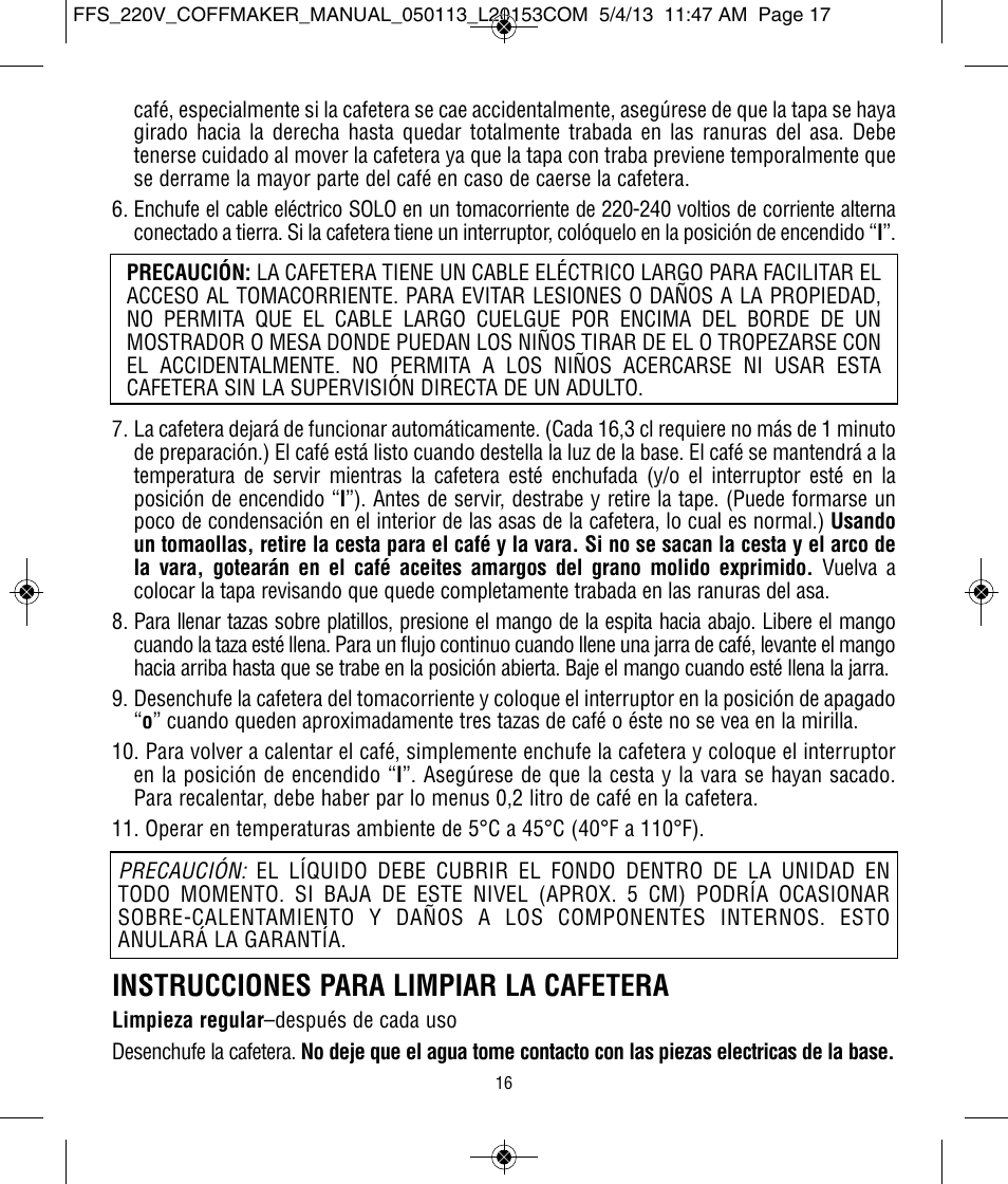 Instrucciones para limpiar la cafetera | Focus Foodservice West Bend Commercial Stainless Steel Coffeemakers - [57000-220 Series] - Use & Care de User Manual | Page 17 / 36