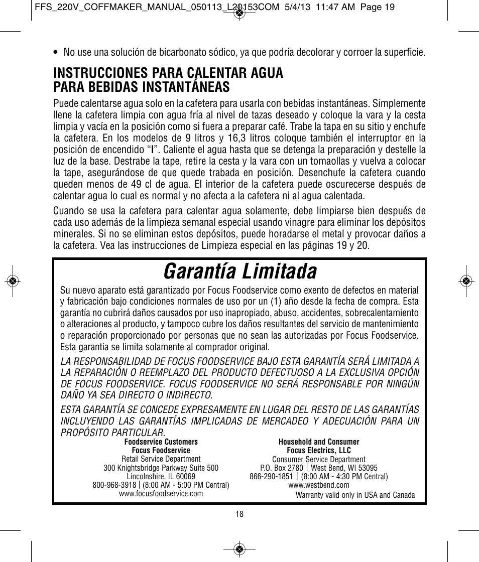 Garantía limitada | Focus Foodservice West Bend Commercial Stainless Steel Coffeemakers - [57000-220 Series] - Use & Care de User Manual | Page 19 / 36