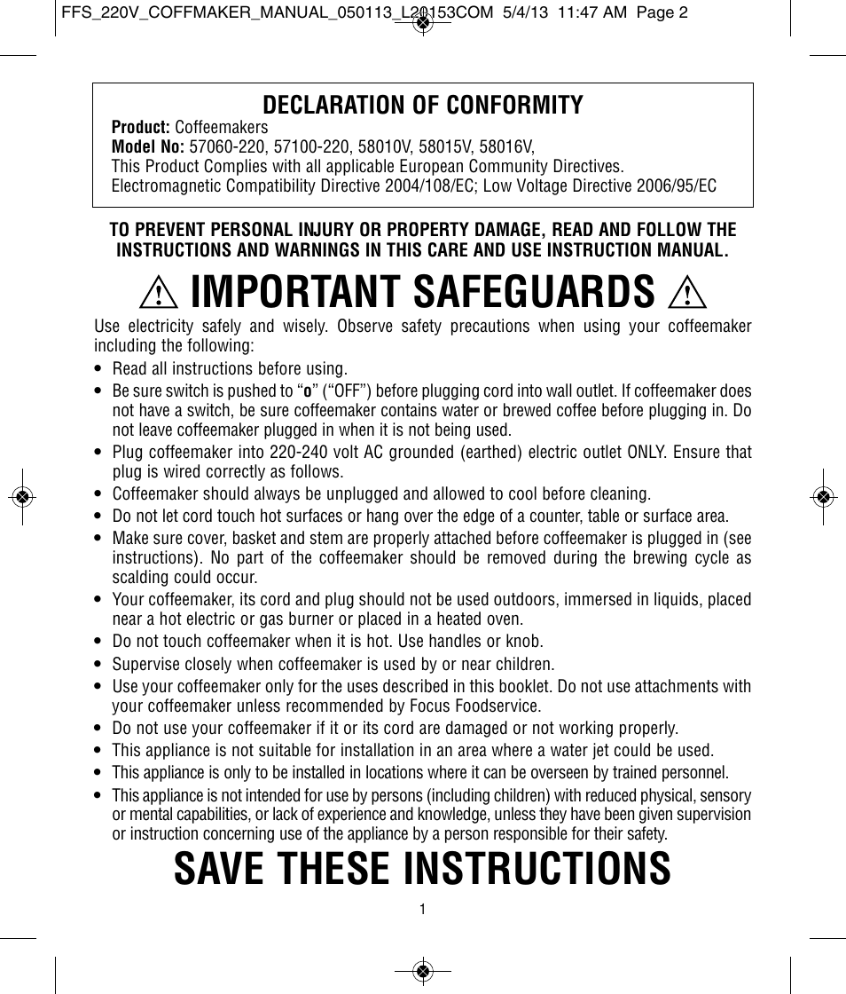 Important safeguards, Save these instructions, Declaration of conformity | Focus Foodservice West Bend Commercial Stainless Steel Coffeemakers - [57000-220 Series] - Use & Care de User Manual | Page 2 / 36