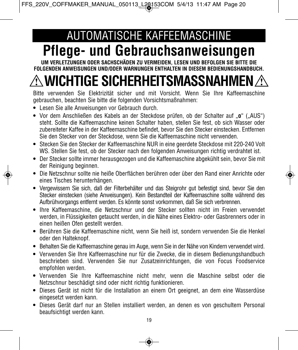 Pflege- und gebrauchsanweisungen, Wichtige sicherheitsmassnahmen, Automatische kaffeemaschine | Focus Foodservice West Bend Commercial Stainless Steel Coffeemakers - [57000-220 Series] - Use & Care de User Manual | Page 20 / 36