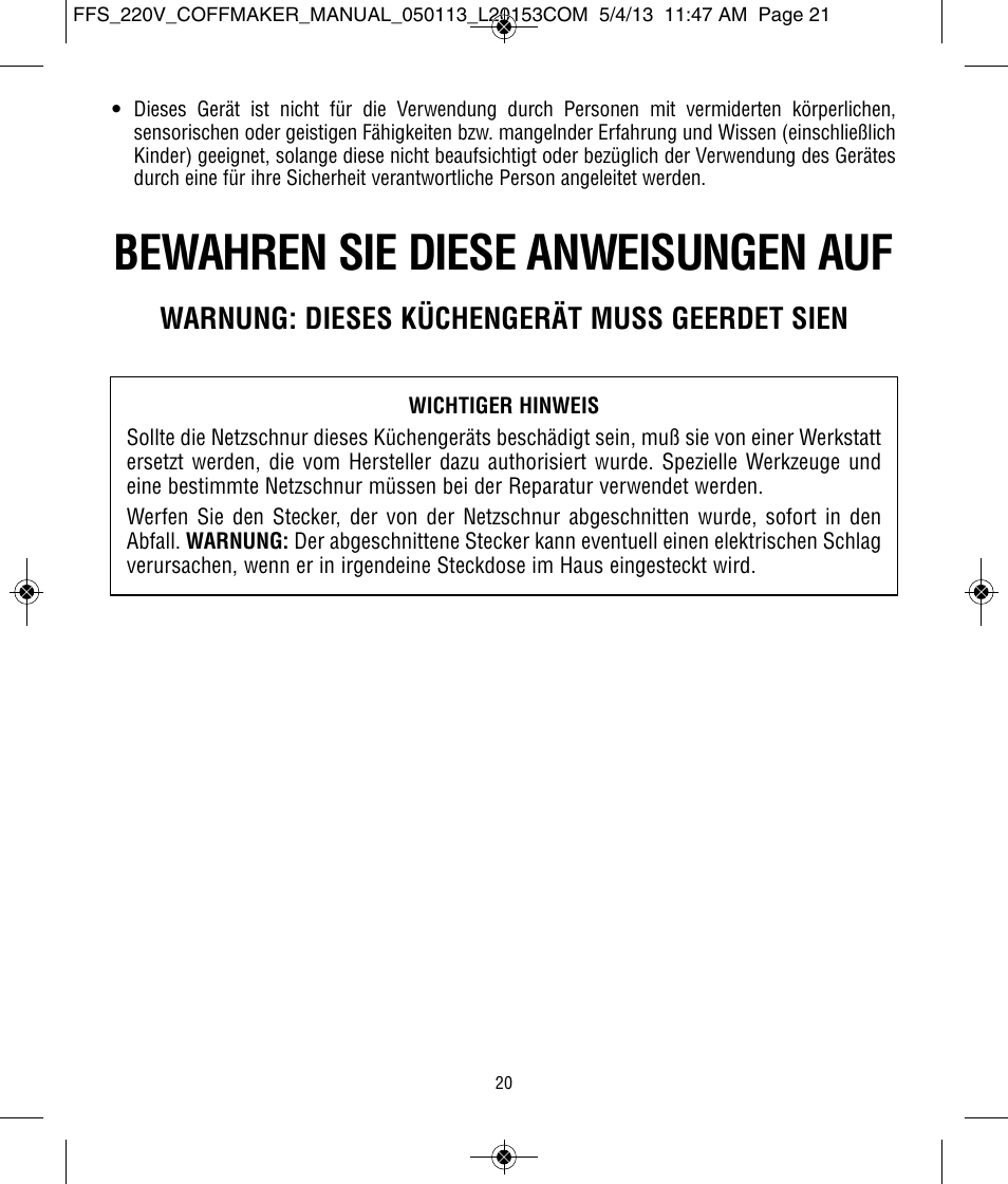 Bewahren sie diese anweisungen auf, Warnung: dieses küchengerät muss geerdet sien | Focus Foodservice West Bend Commercial Stainless Steel Coffeemakers - [57000-220 Series] - Use & Care de User Manual | Page 21 / 36