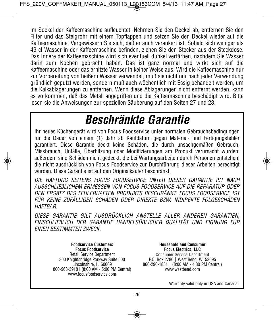 Beschränkte garantie | Focus Foodservice West Bend Commercial Stainless Steel Coffeemakers - [57000-220 Series] - Use & Care de User Manual | Page 27 / 36