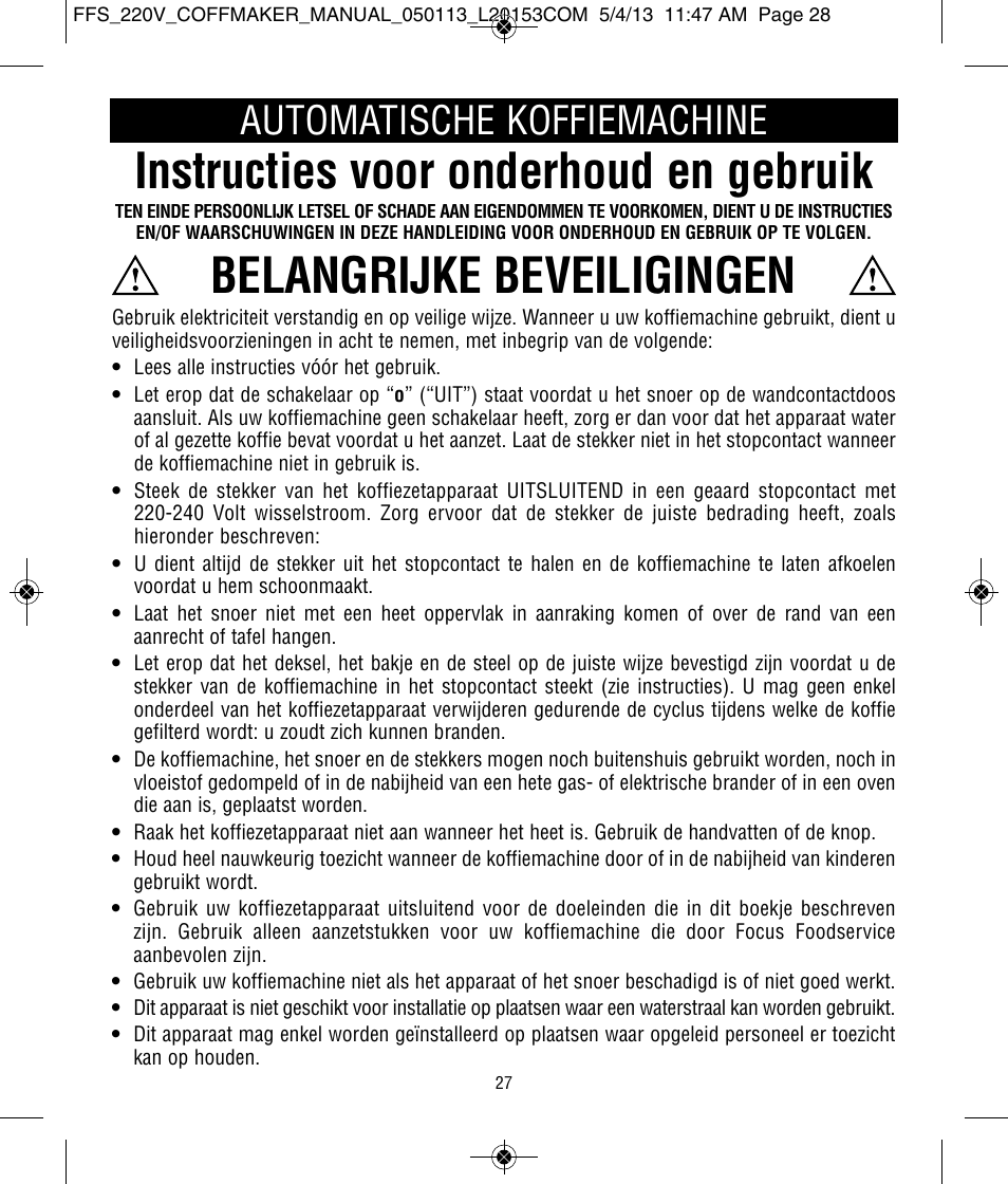 Instructies voor onderhoud en gebruik, Belangrijke beveiligingen, Automatische koffiemachine | Focus Foodservice West Bend Commercial Stainless Steel Coffeemakers - [57000-220 Series] - Use & Care de User Manual | Page 28 / 36