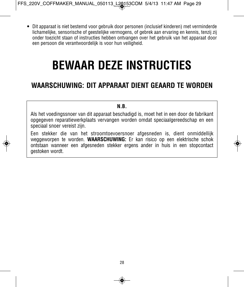 Bewaar deze instructies, Waarschuwing: dit apparaat dient geaard te worden | Focus Foodservice West Bend Commercial Stainless Steel Coffeemakers - [57000-220 Series] - Use & Care de User Manual | Page 29 / 36