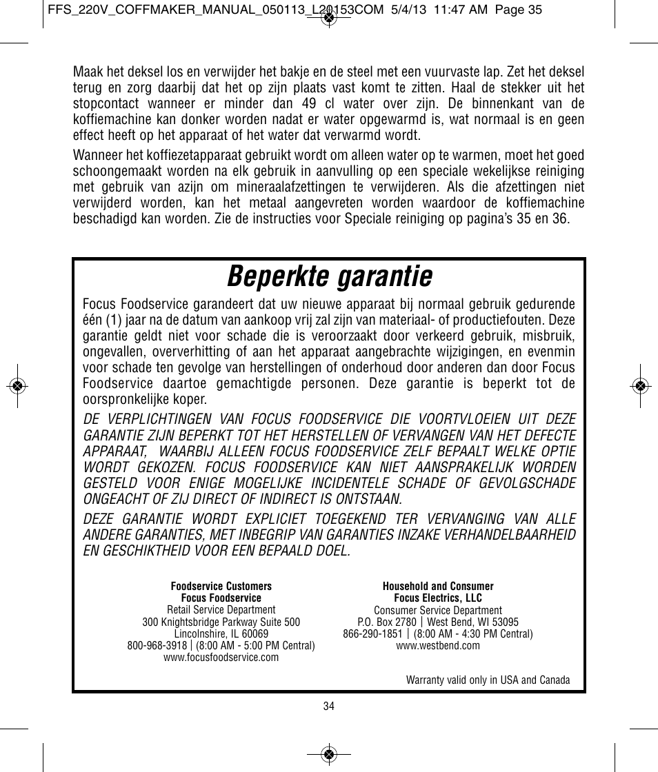 Beperkte garantie | Focus Foodservice West Bend Commercial Stainless Steel Coffeemakers - [57000-220 Series] - Use & Care de User Manual | Page 35 / 36