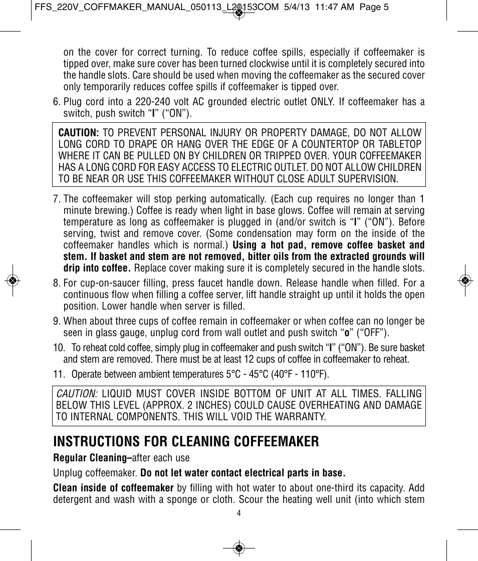 Instructions for cleaning coffeemaker | Focus Foodservice West Bend Commercial Stainless Steel Coffeemakers - [57000-220 Series] - Use & Care de User Manual | Page 5 / 36