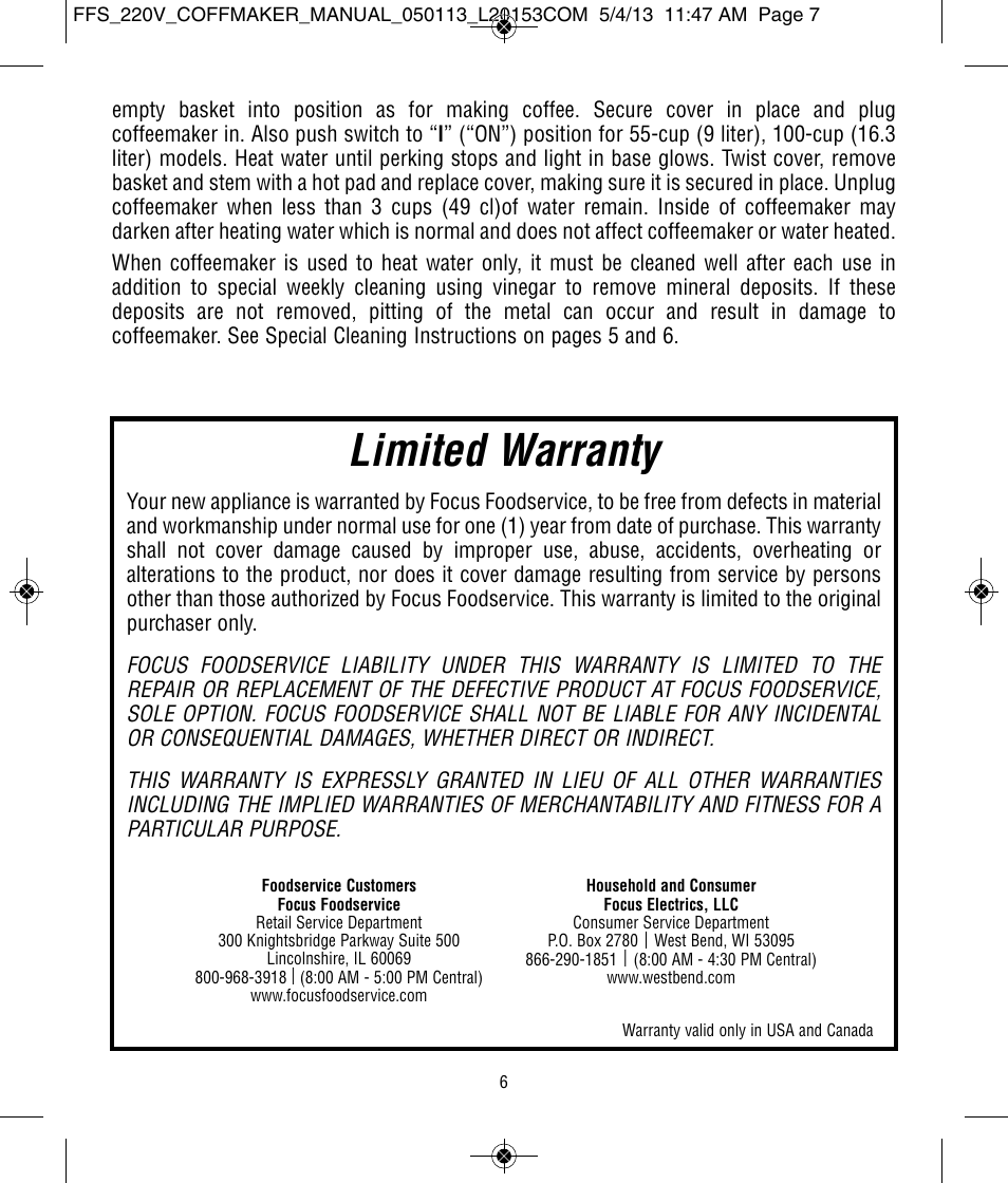 Limited warranty | Focus Foodservice West Bend Commercial Stainless Steel Coffeemakers - [57000-220 Series] - Use & Care de User Manual | Page 7 / 36