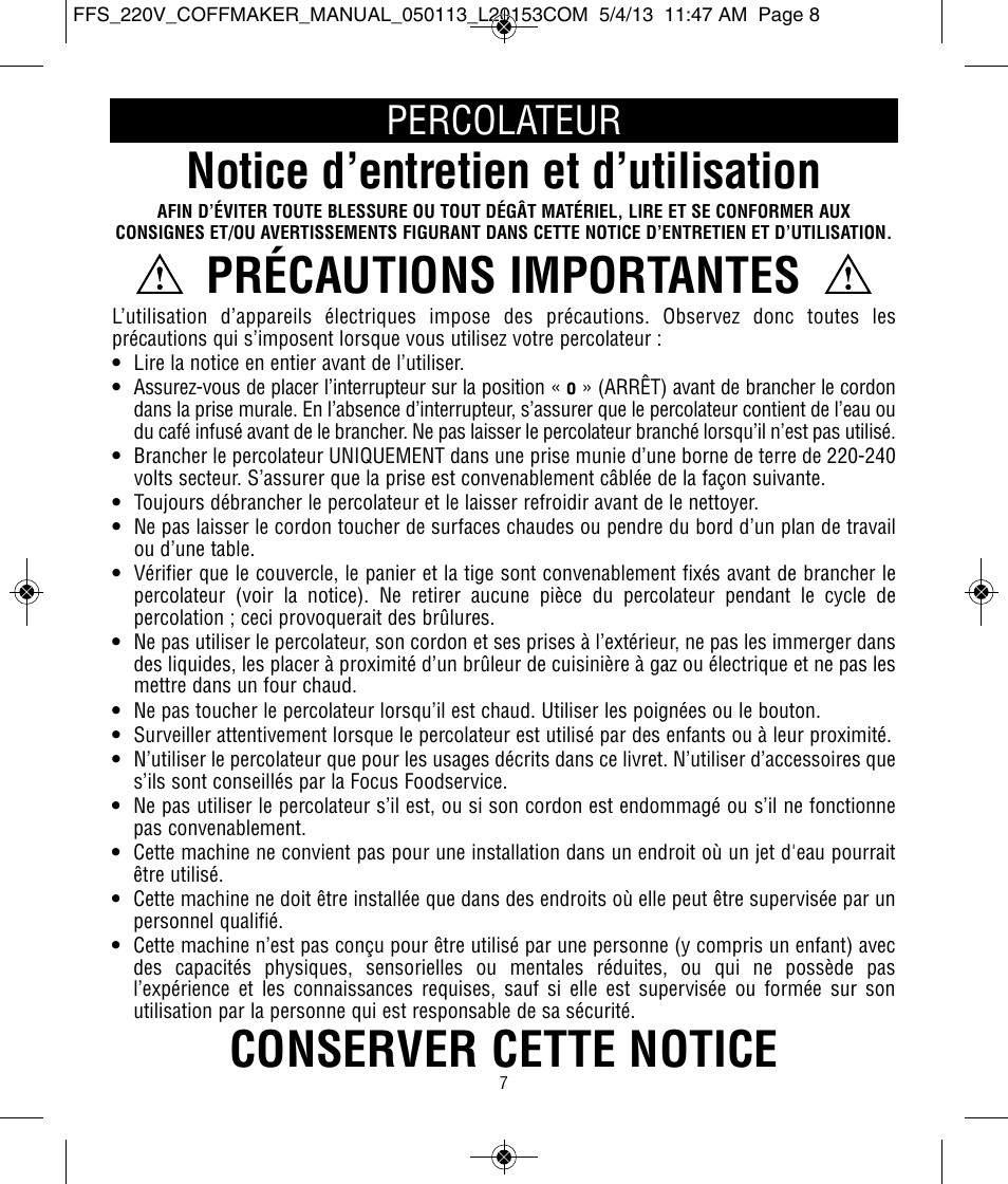 Notice d’entretien et d’utilisation, Précautions importantes, Conserver cette notice | Percolateur | Focus Foodservice West Bend Commercial Stainless Steel Coffeemakers - [57000-220 Series] - Use & Care de User Manual | Page 8 / 36