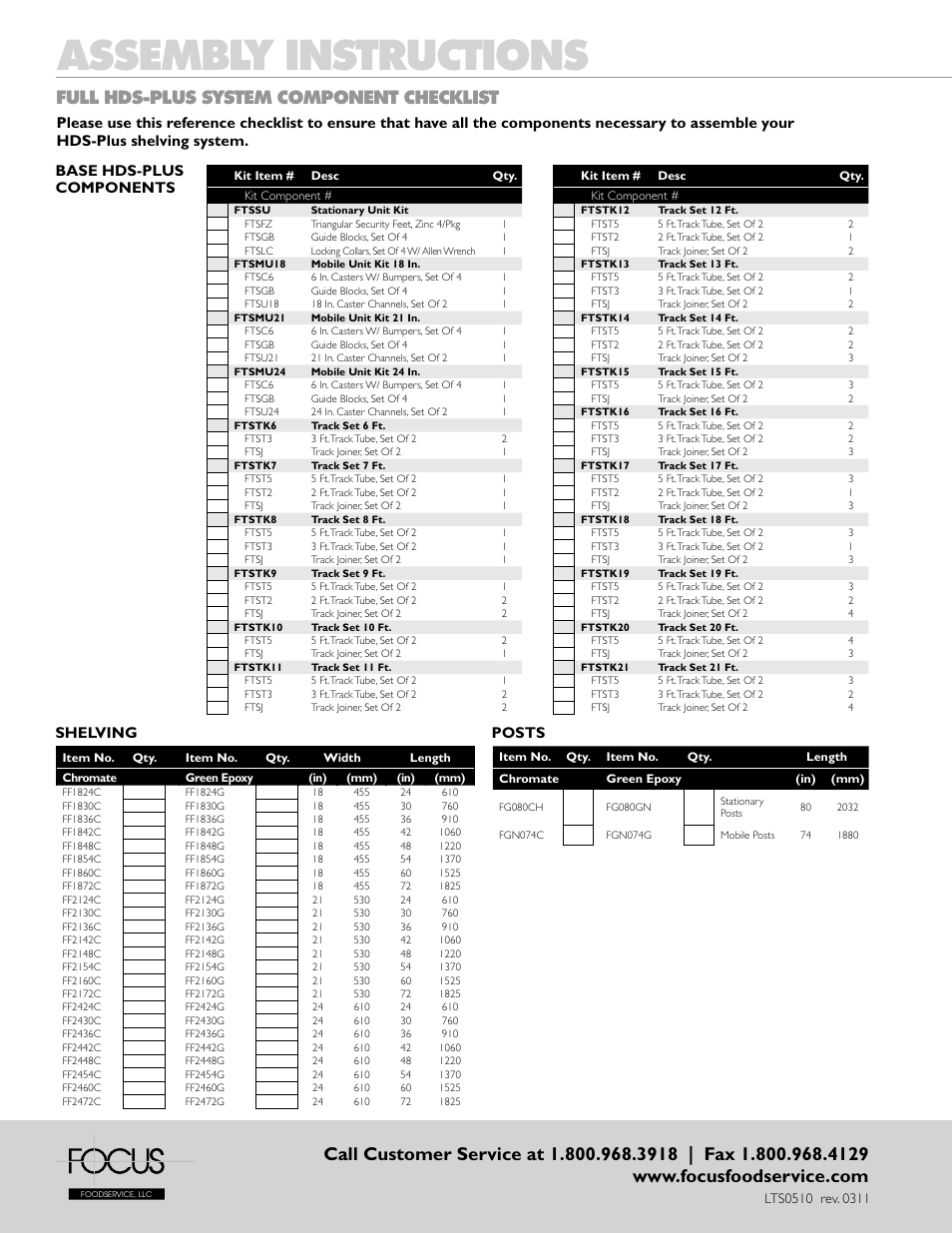 Assembly instructions, Full hds-plus system component checklist, Shelving | Base hds-plus components posts | Focus Foodservice HDS-Plus High Density Storage System - Assembly Instructions User Manual | Page 4 / 4