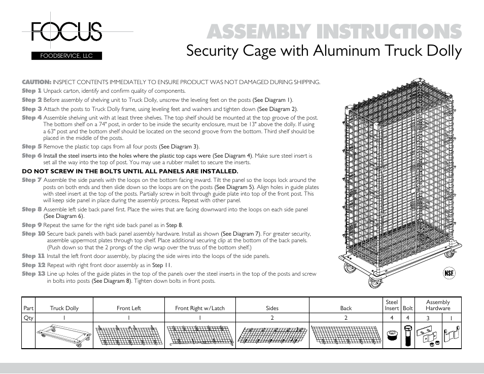 Focus Foodservice CAGES SECURITY with Aluminum Truck Dolly - Assembly Instructions User Manual | 4 pages