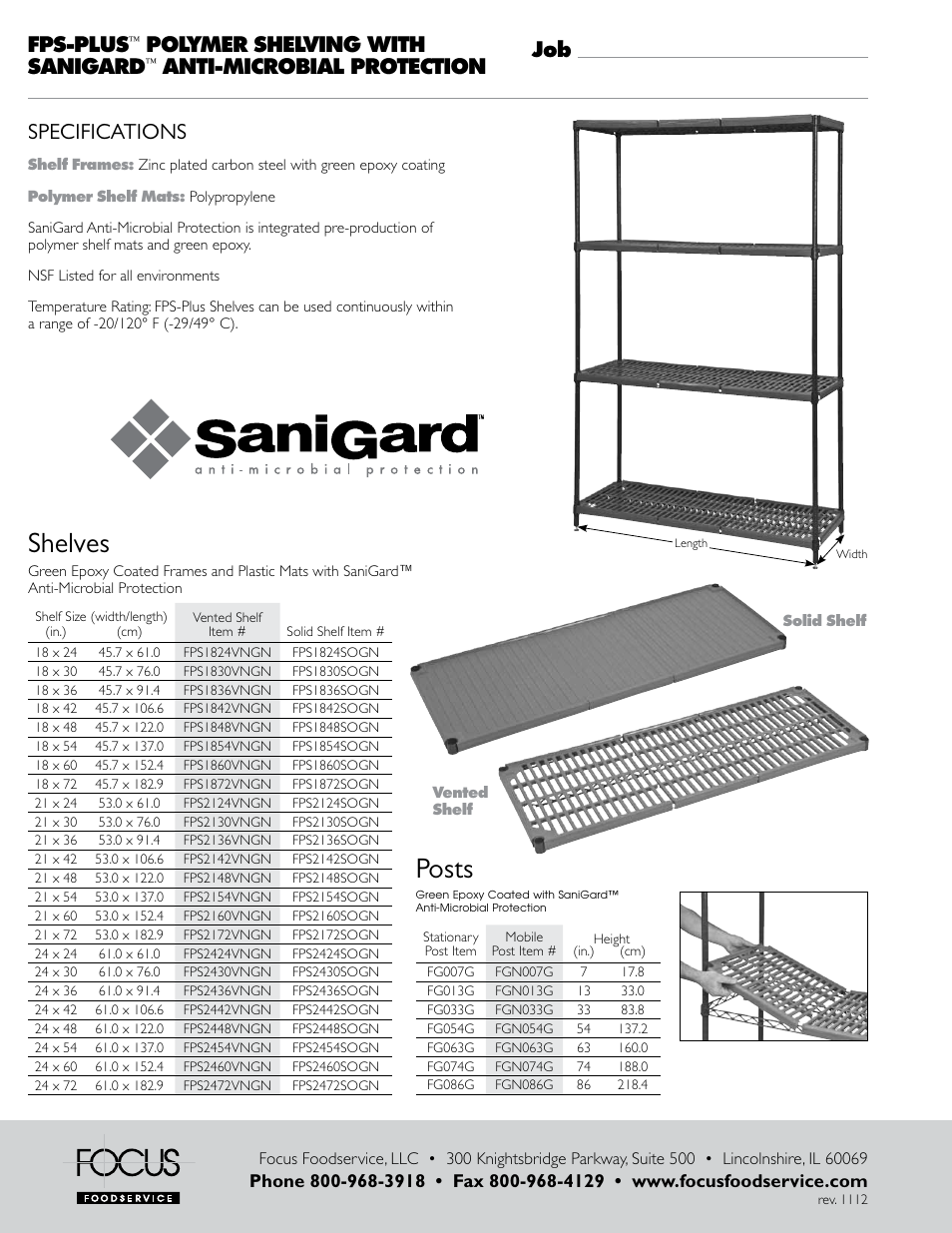 Shelves, Posts, Job fps-plus | Polymer shelving with sanigard, Anti-microbial protection, Specifications | Focus Foodservice FPS-PluS Polymer Shelving - Specification Sheets User Manual | Page 2 / 2