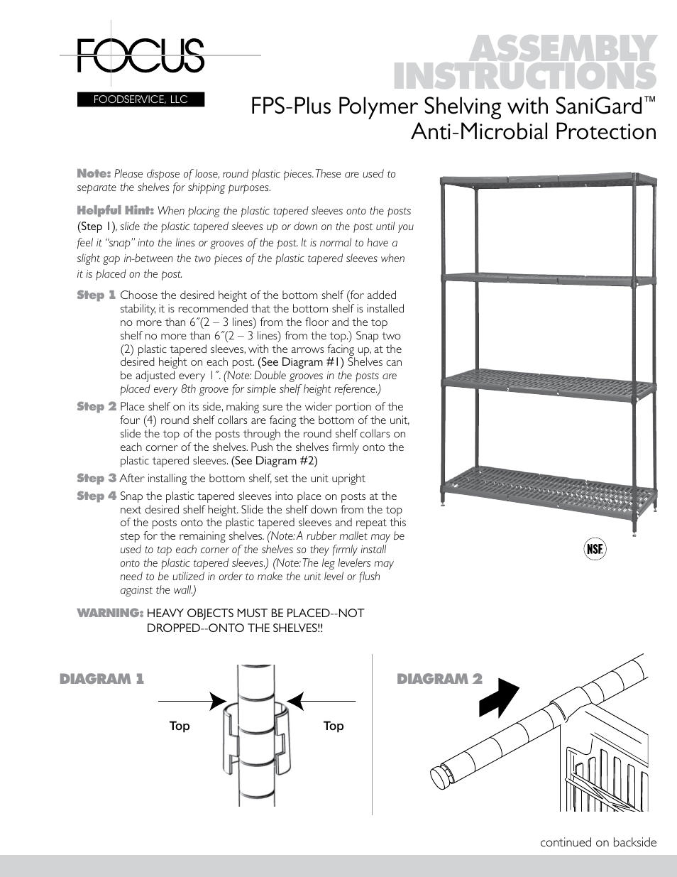 Focus Foodservice FPS-Plus Polymer Shelving with SaniGard Anti-Microbial Protection - Assembly Instructions User Manual | 2 pages