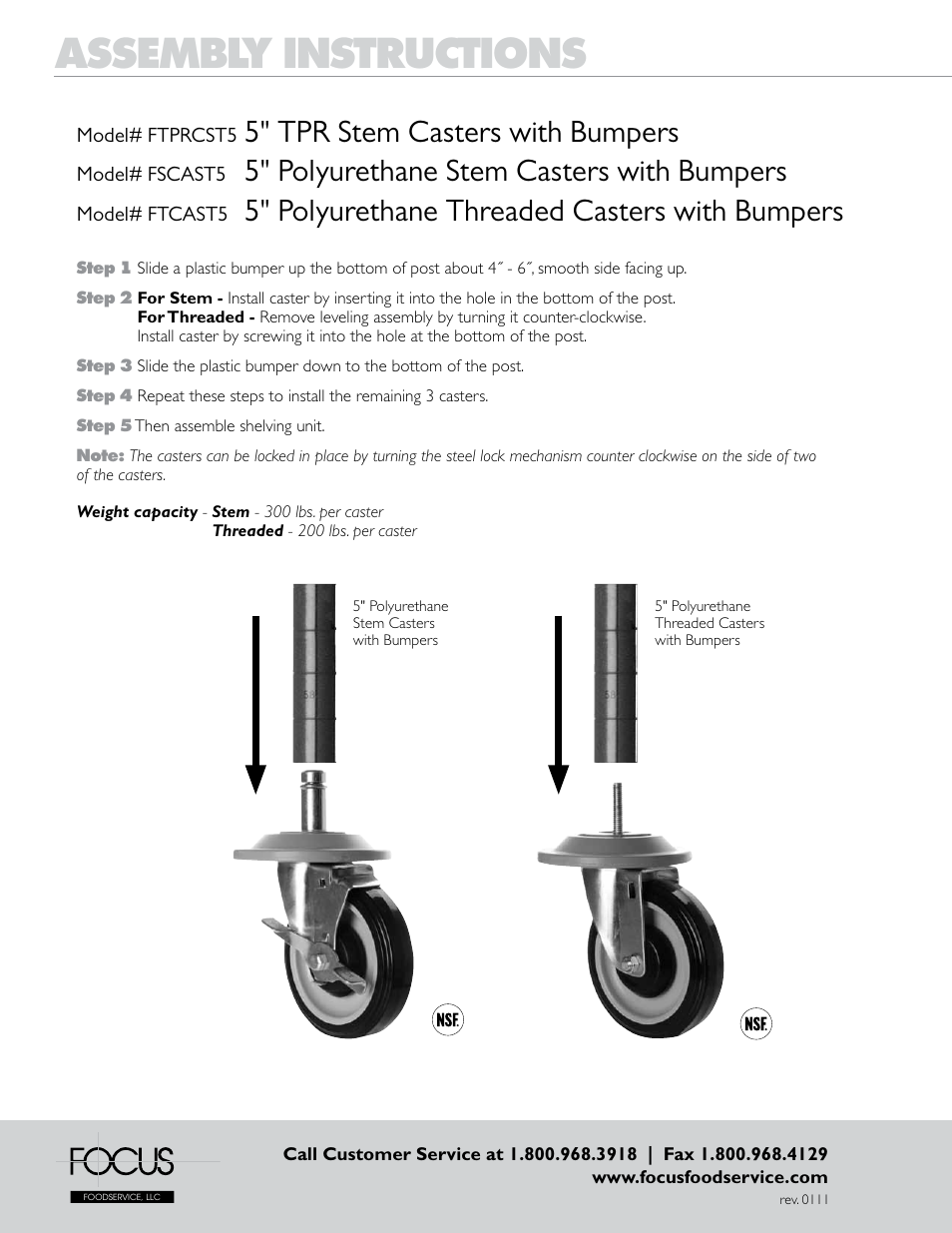 Assembly instructions, 5" tpr stem casters with bumpers, 5" polyurethane stem casters with bumpers | 5" polyurethane threaded casters with bumpers | Focus Foodservice FPS-Plus Polymer Shelving with SaniGard Anti-Microbial Protection - Assembly Instructions User Manual | Page 2 / 2