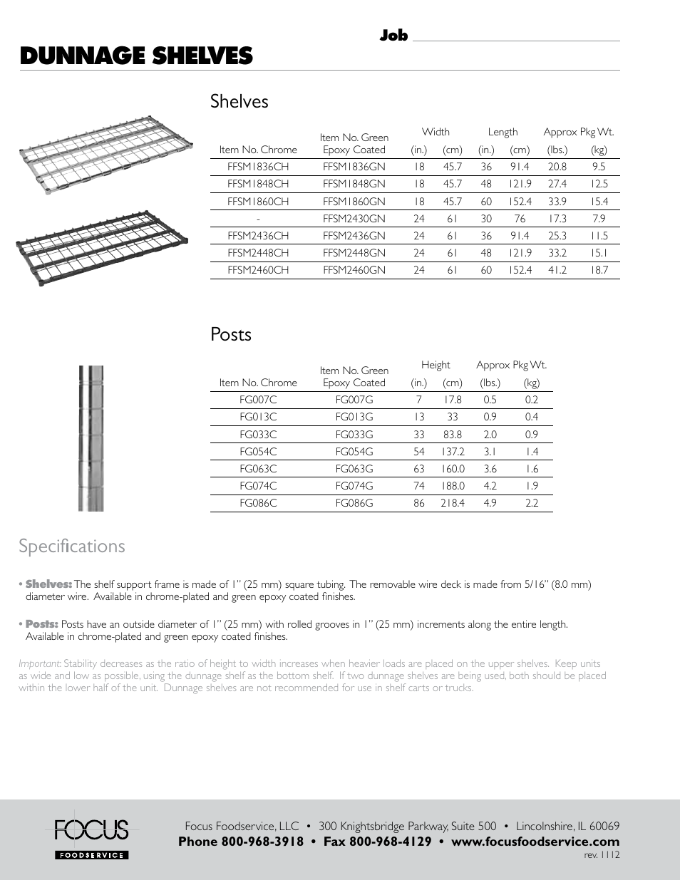 Dunnage shelves, Shelves specifications, Posts | Focus Foodservice SHELVES DUNNAGE - Specification Sheets User Manual | Page 2 / 2