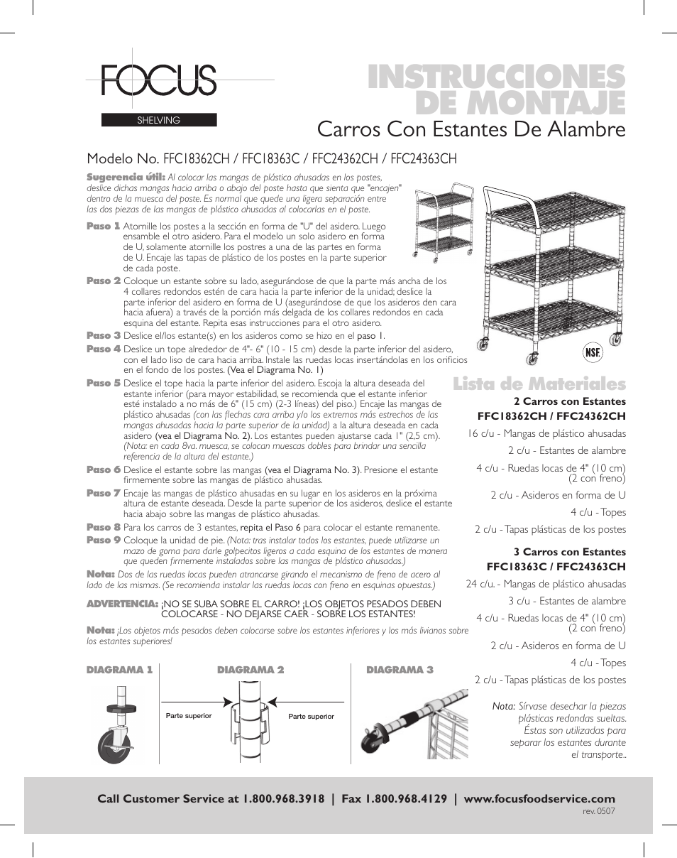 Instrucciones de montaje, Carros con estantes de alambre, Lista de materiales | Focus Foodservice FFC24363CH WIRE SHELF CARTS - Assembly Instructions User Manual | Page 2 / 2