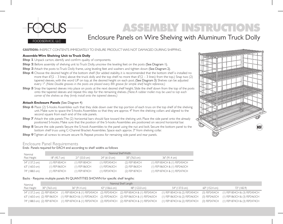 Focus Foodservice Enclosure Panels on Wire Shelving with Aluminum Truck Dolly - Specification Sheets User Manual | 4 pages