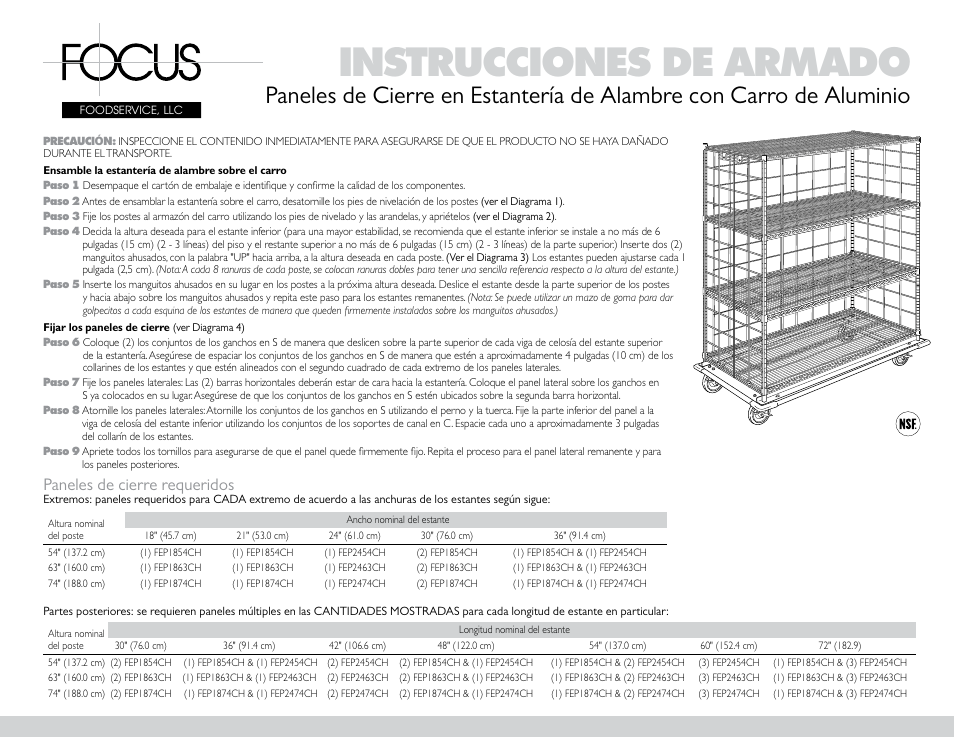 Instrucciones de armado, Paneles de cierre requeridos | Focus Foodservice Enclosure Panels on Wire Shelving with Aluminum Truck Dolly - Specification Sheets User Manual | Page 3 / 4