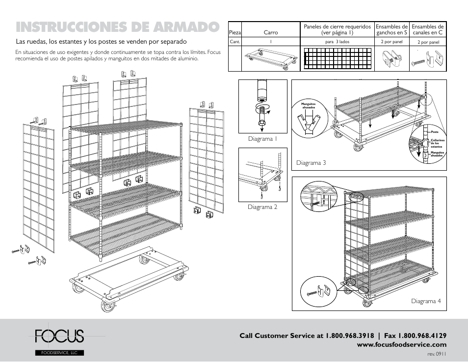 Instrucciones de armado | Focus Foodservice Enclosure Panels on Wire Shelving with Aluminum Truck Dolly - Specification Sheets User Manual | Page 4 / 4