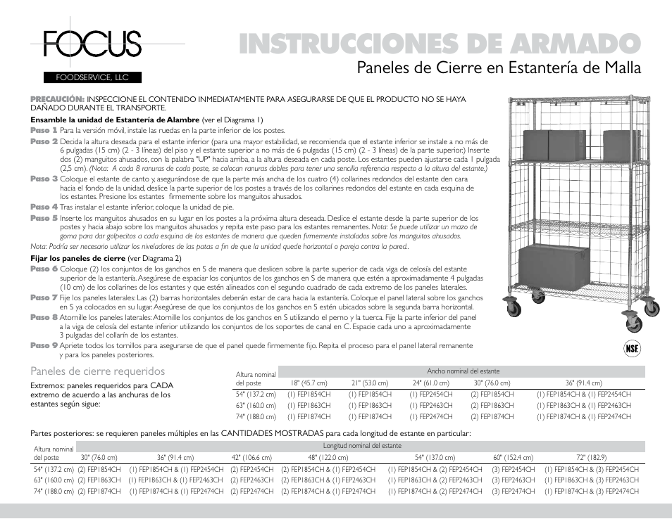 Instrucciones de armado, Paneles de cierre en estantería de malla, Paneles de cierre requeridos | Focus Foodservice Enclosure Panels on Wire Shelving - Assembly Instructions User Manual | Page 3 / 4