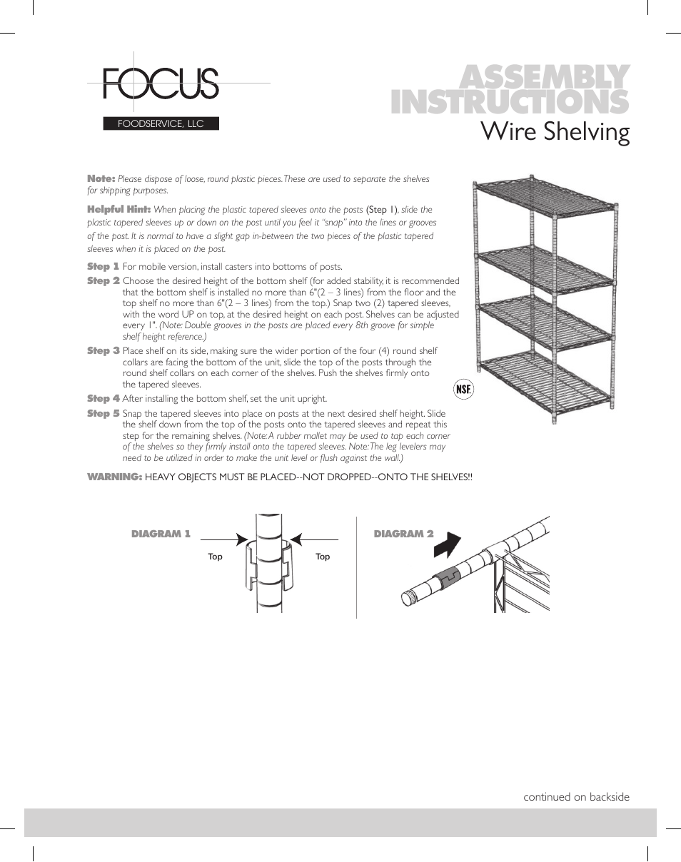 Focus Foodservice Shelving Wire - Assembly Instructions User Manual | 7 pages