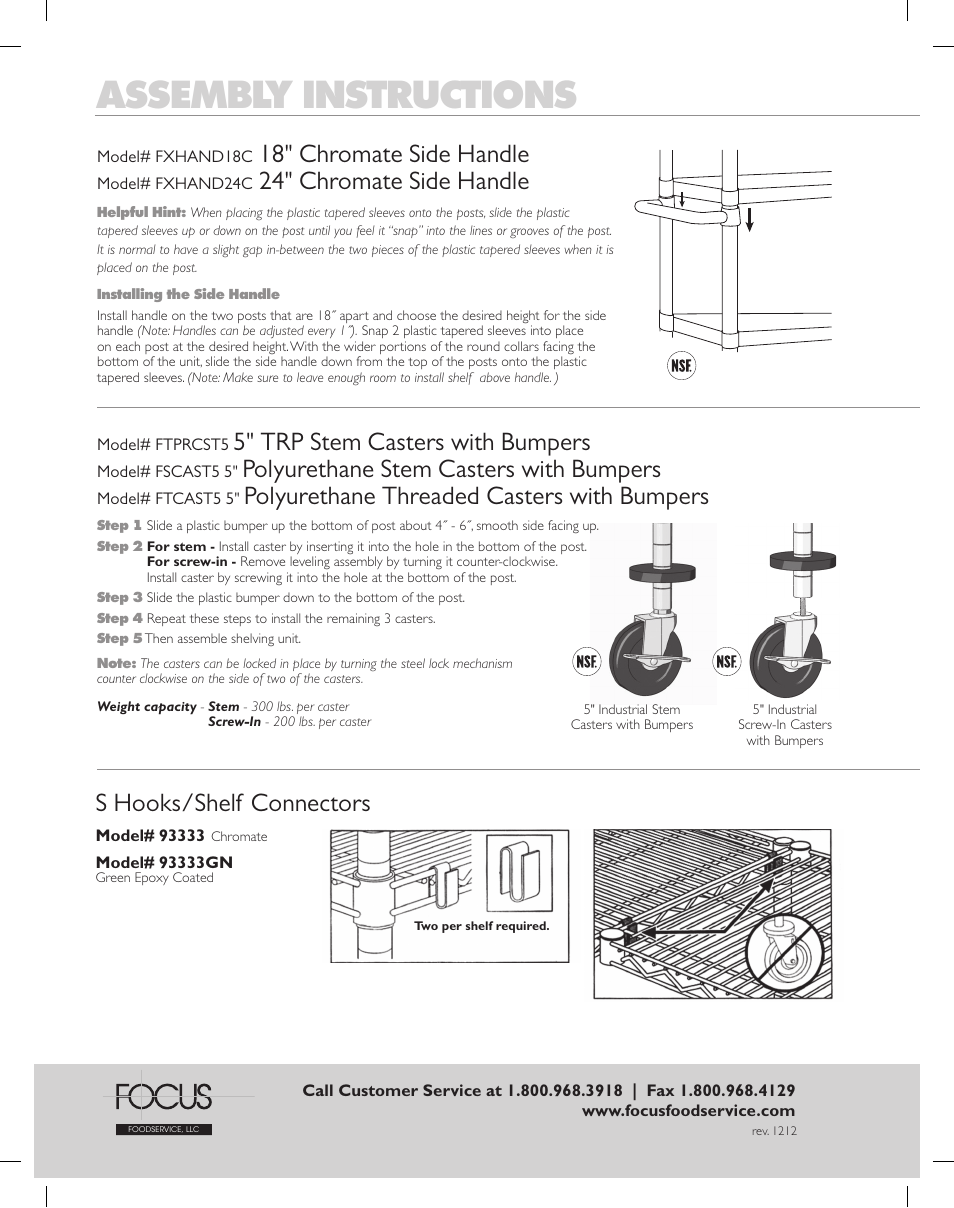 Assembly instructions, 5" trp stem casters with bumpers, Polyurethane stem casters with bumpers | Polyurethane threaded casters with bumpers, S hooks/shelf connectors, 18" chromate side handle, 24" chromate side handle | Focus Foodservice Shelving Wire - Assembly Instructions User Manual | Page 2 / 7