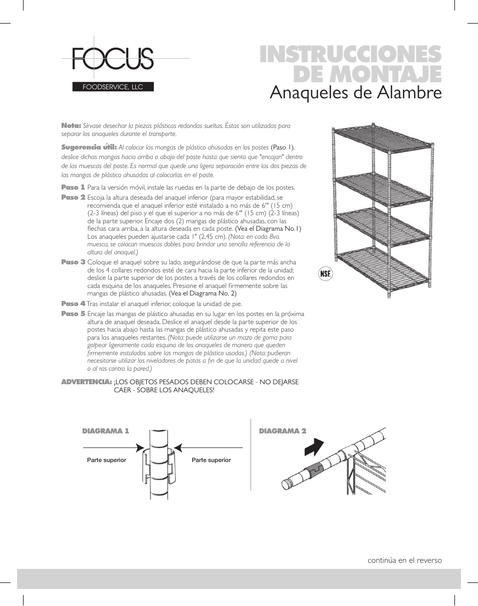 Instrucciones de montaje, Anaqueles de alambre | Focus Foodservice Shelving Wire - Assembly Instructions User Manual | Page 3 / 7