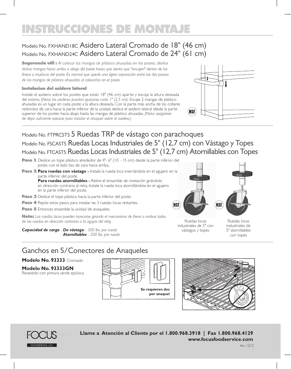 Instrucciones de montaje, 5 ruedas trp de vástago con parachoques, Ganchos en s/conectores de anaqueles | Asidero lateral cromado de 18" (46 cm), Asidero lateral cromado de 24" (61 cm) | Focus Foodservice Shelving Wire - Assembly Instructions User Manual | Page 4 / 7