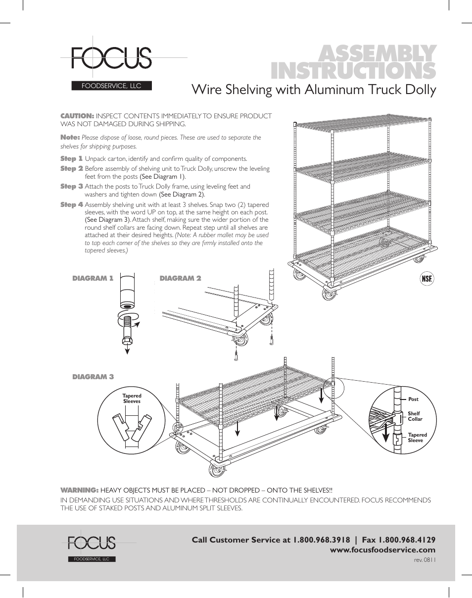 Assembly instructions, Wire shelving with aluminum truck dolly | Focus Foodservice Shelving Wire - Assembly Instructions User Manual | Page 5 / 7