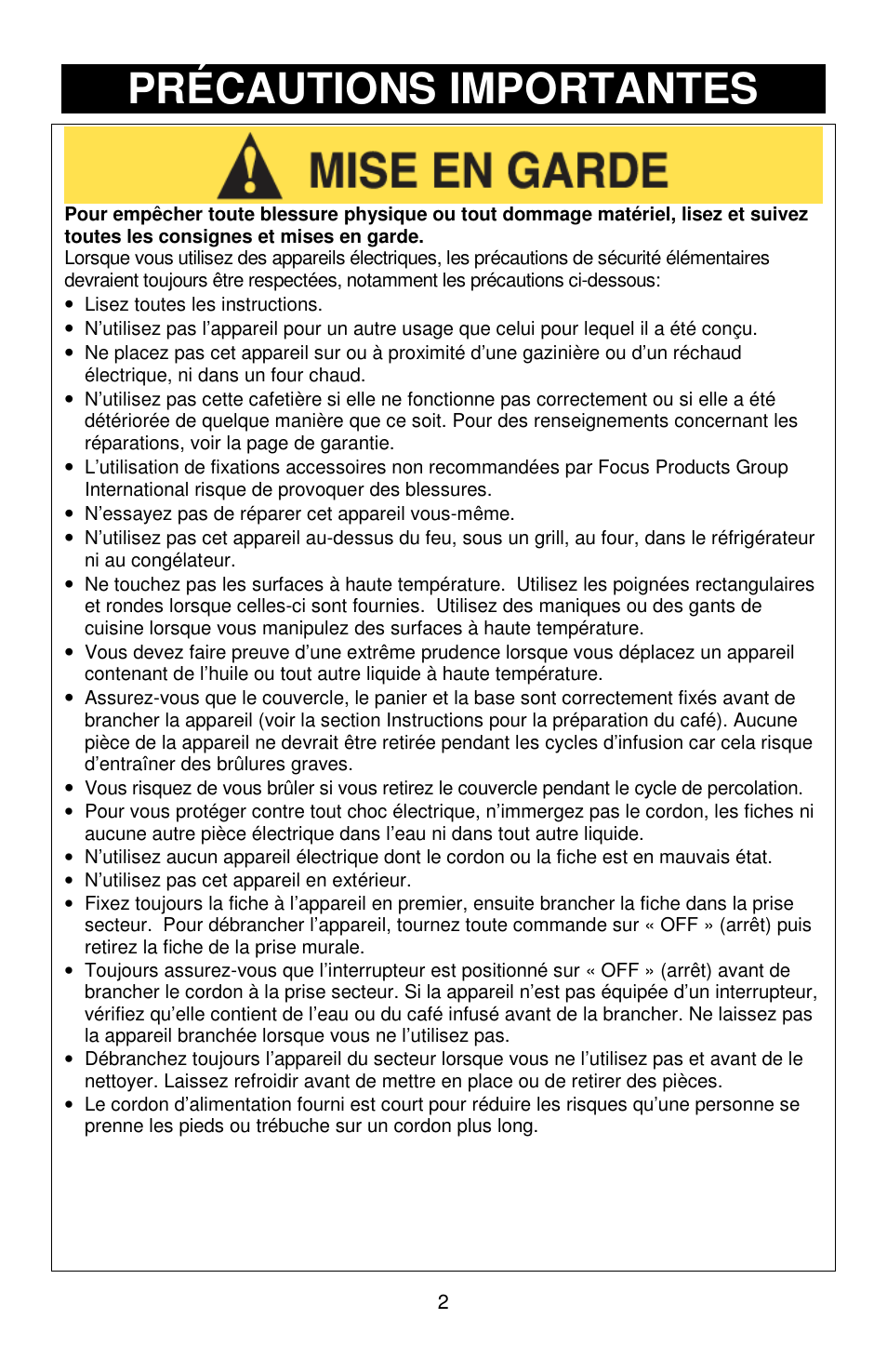 Précautions importantes | Focus Foodservice West Bend Commercial Aluminum Coffeemakers - Use & Care es User Manual | Page 10 / 84