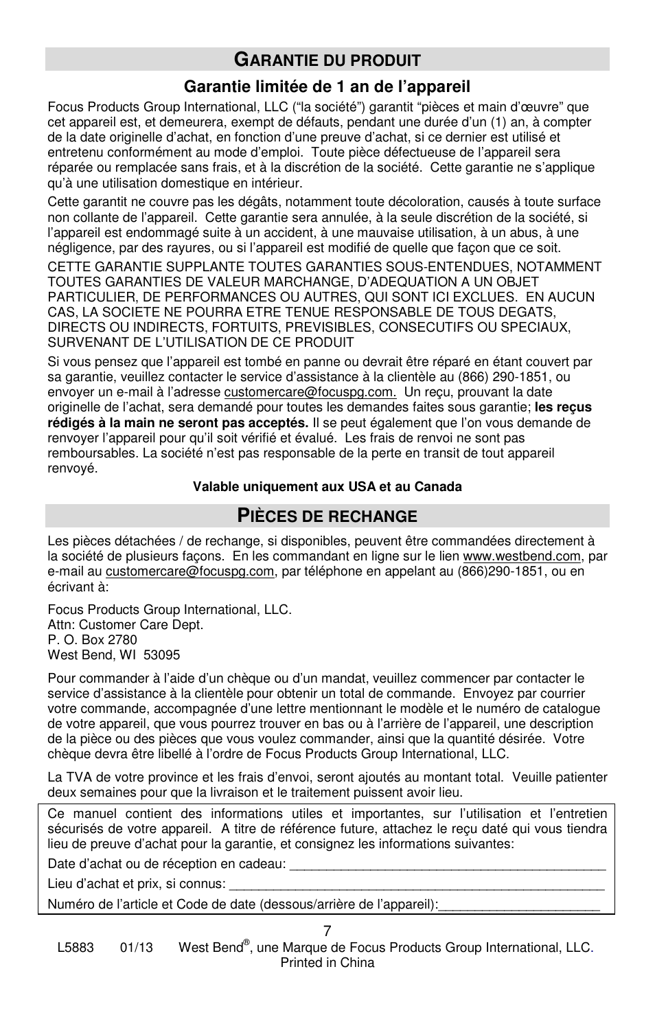 Garantie limitée de 1 an de l’appareil | Focus Foodservice West Bend Commercial Aluminum Coffeemakers - Use & Care es User Manual | Page 15 / 84