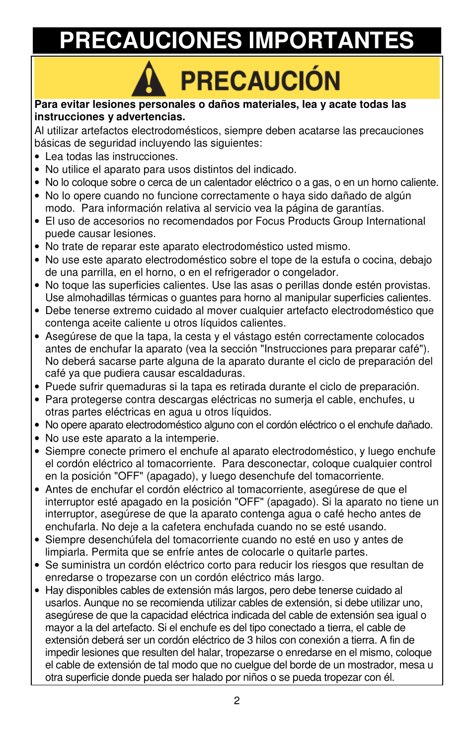 Precauciones importantes | Focus Foodservice West Bend Commercial Aluminum Coffeemakers - Use & Care es User Manual | Page 17 / 84