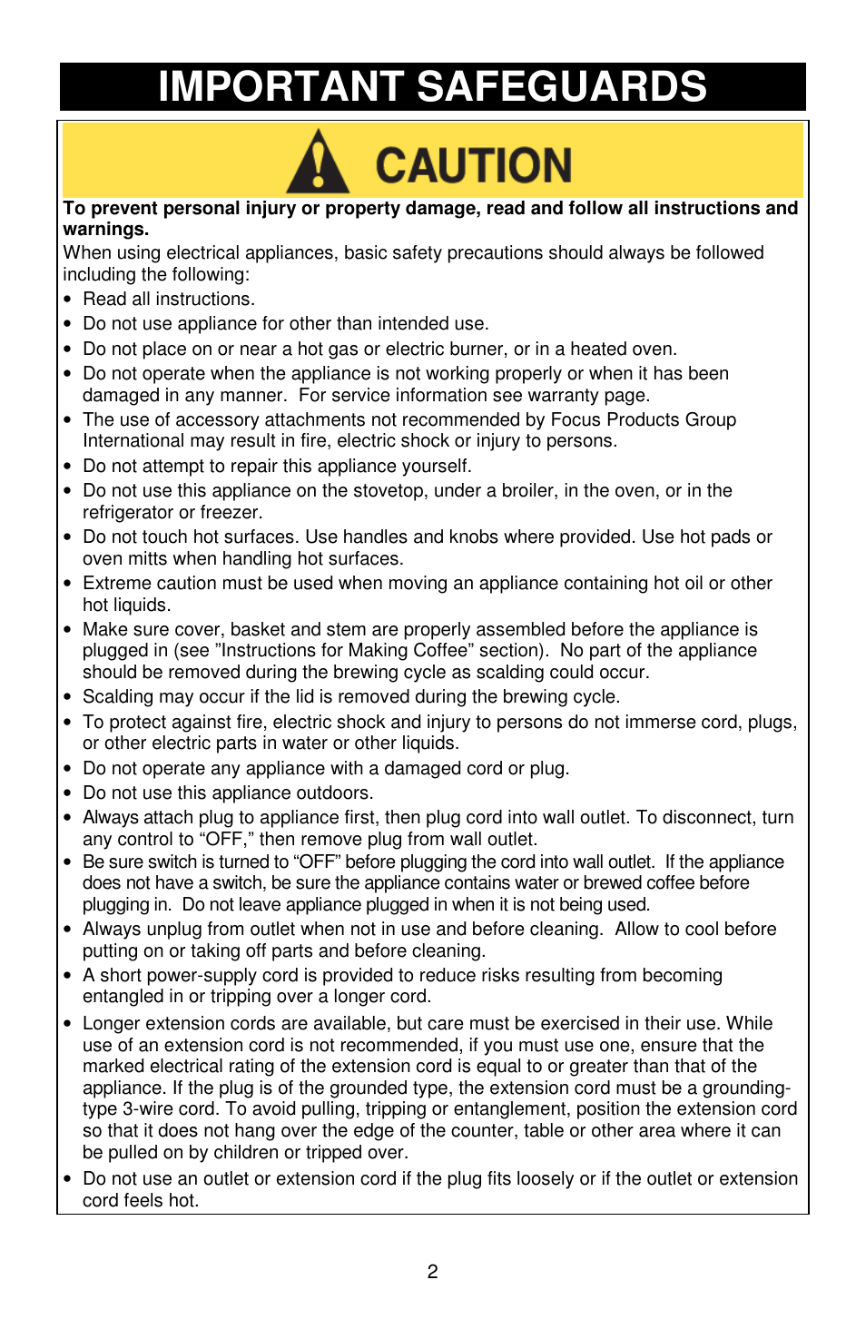 Important safeguards | Focus Foodservice West Bend Commercial Aluminum Coffeemakers - Use & Care es User Manual | Page 2 / 84