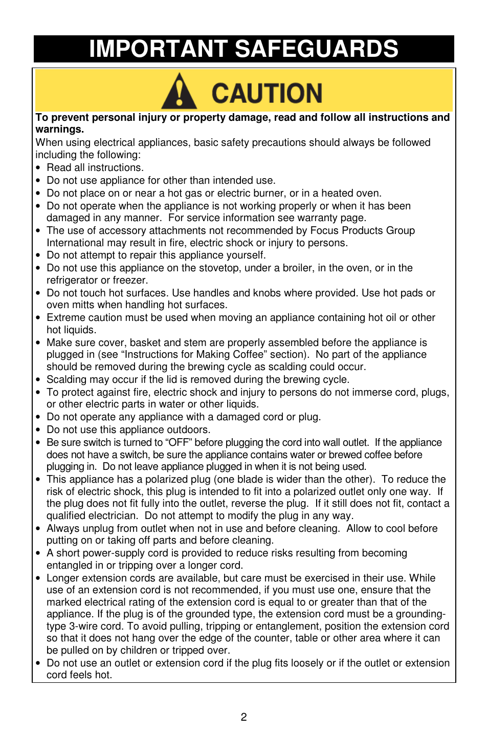 Important safeguards | Focus Foodservice West Bend Commercial Aluminum Coffeemakers - Use & Care es User Manual | Page 26 / 84