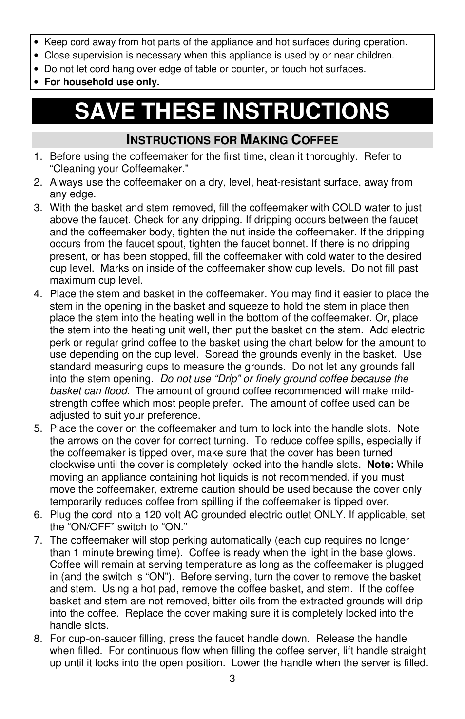 Save these instructions | Focus Foodservice West Bend Commercial Aluminum Coffeemakers - Use & Care es User Manual | Page 3 / 84