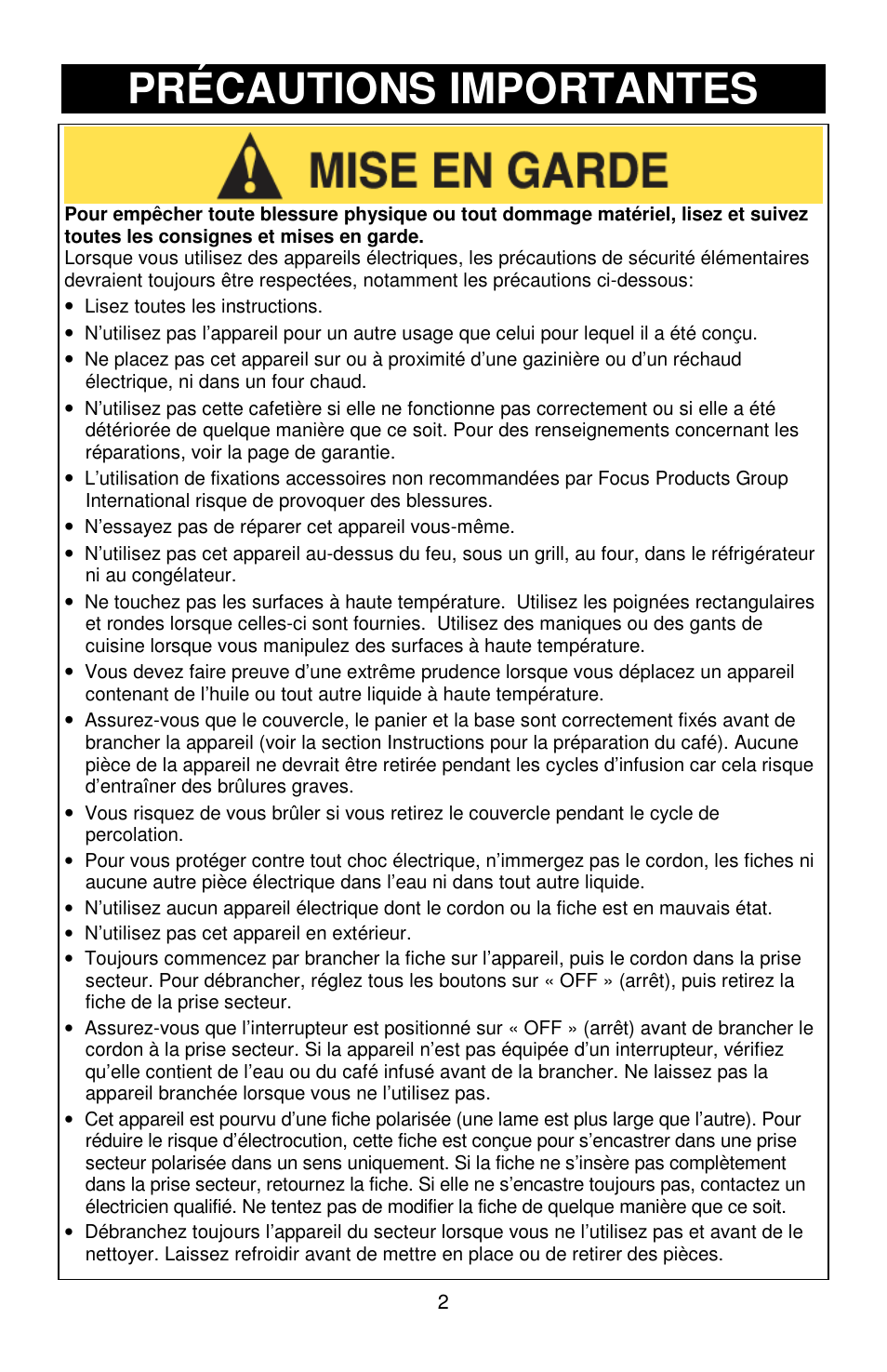 Précautions importantes | Focus Foodservice West Bend Commercial Aluminum Coffeemakers - Use & Care es User Manual | Page 33 / 84