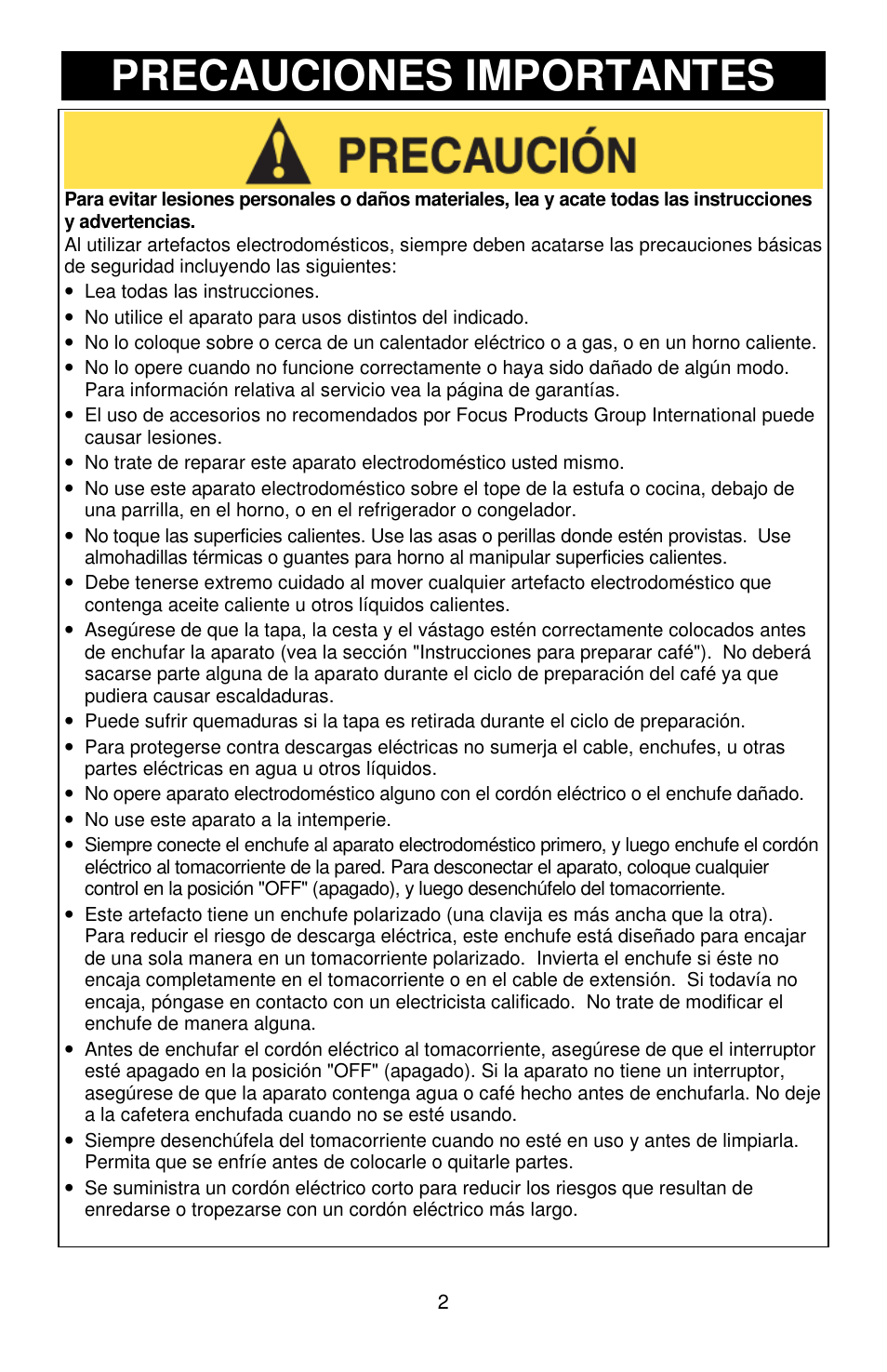 Precauciones importantes | Focus Foodservice West Bend Commercial Aluminum Coffeemakers - Use & Care es User Manual | Page 41 / 84