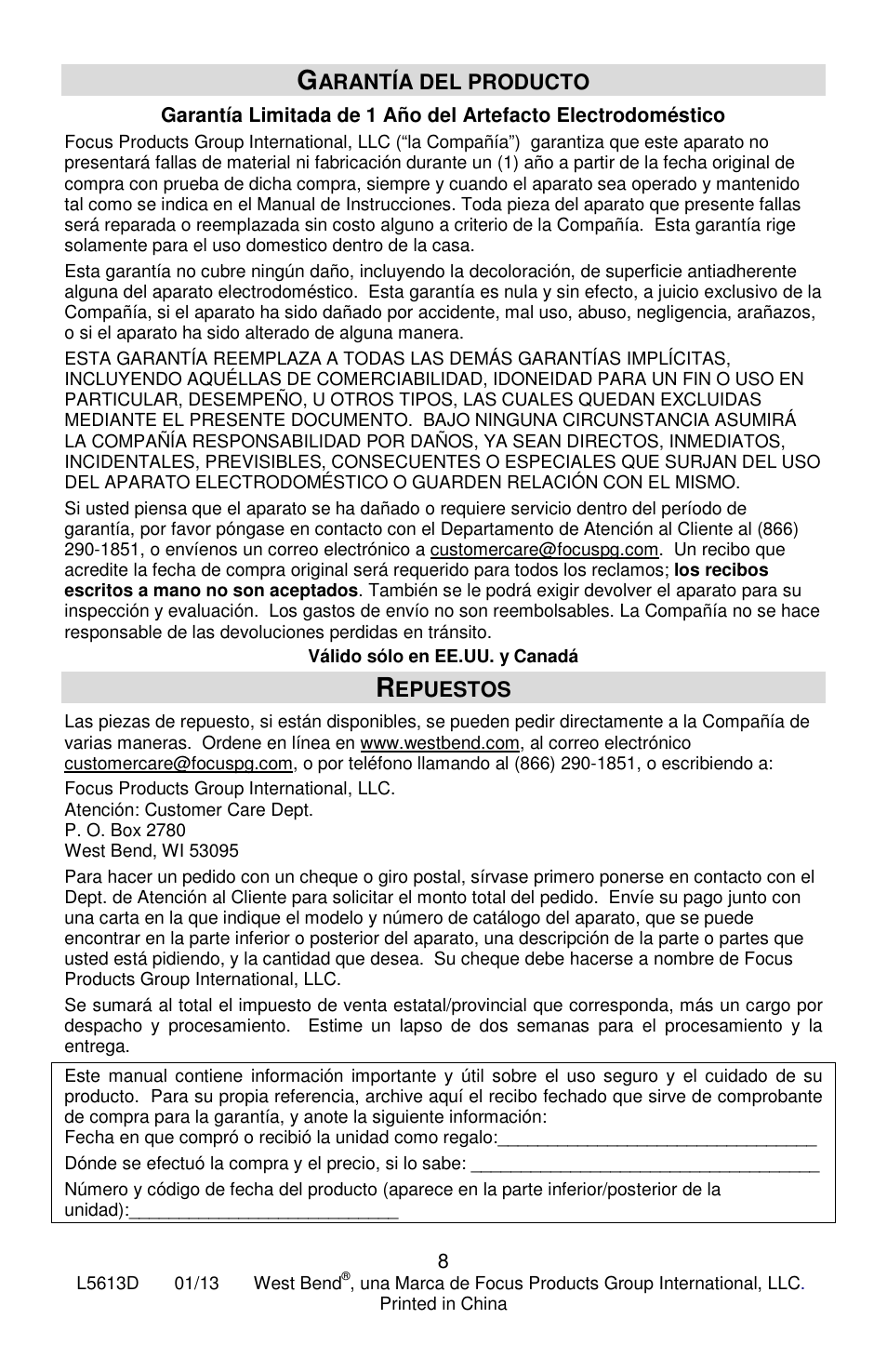 Arantía del producto, Epuestos | Focus Foodservice West Bend Commercial Aluminum Coffeemakers - Use & Care es User Manual | Page 47 / 84